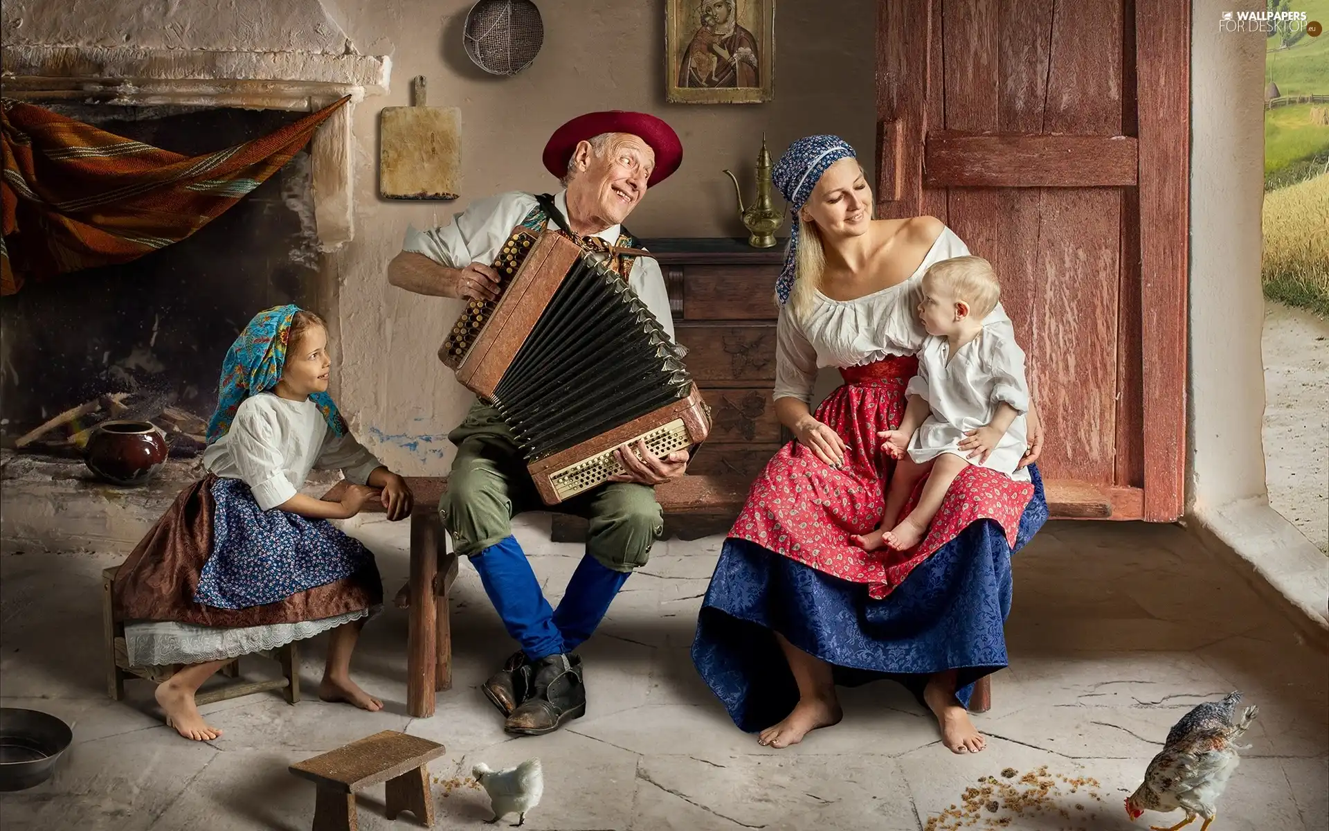 mother, Family, house, accordion, Kids, grandfather