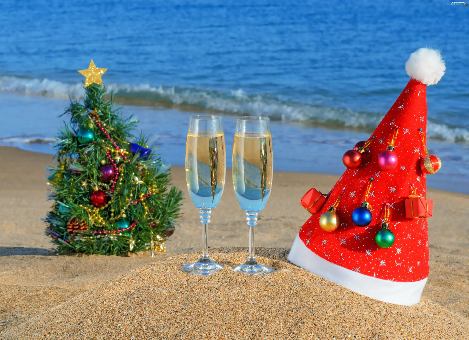 beach, an, Champagne, New Year