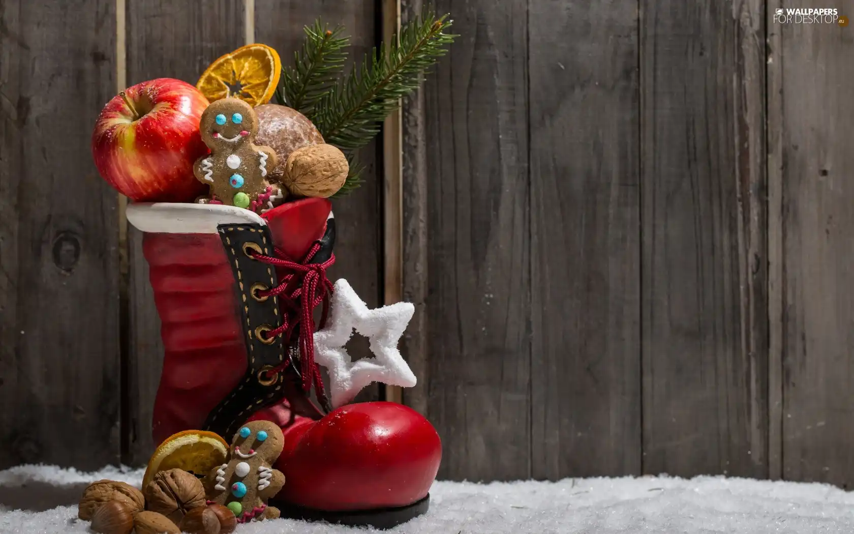 Christmas, shoe, nuts, decoration, Red, Apple, Gingerbread