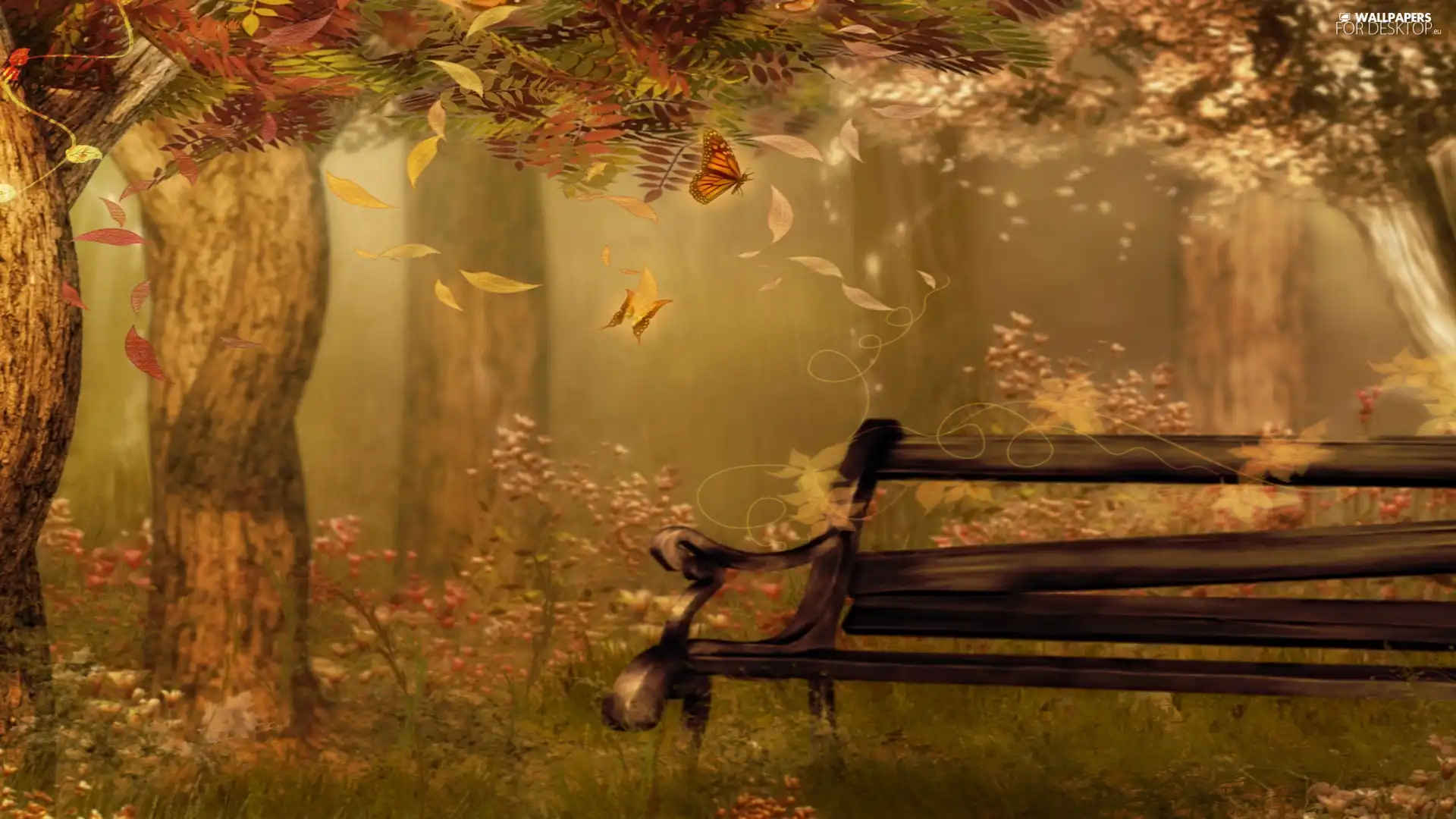 viewes, Bench, Art, fantasy, butterfly, trees