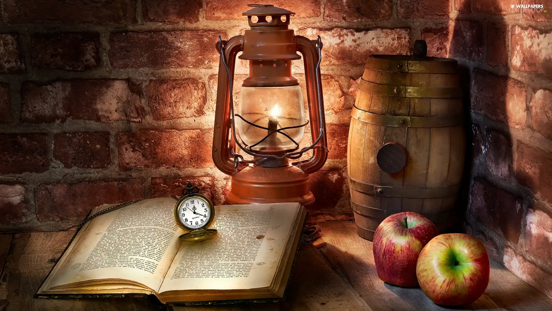 Watch, Lamp, apples, barrel, composition, Book, brick