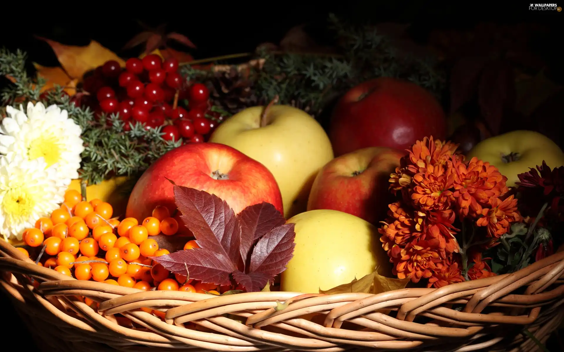 basket, composition, Flowers, Leaf, apples