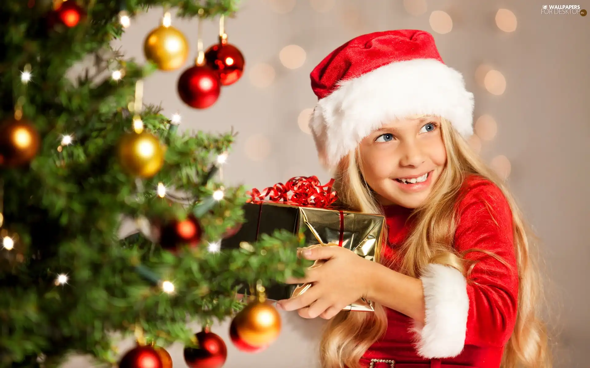 baubles, Present, Blonde, christmas tree, girl