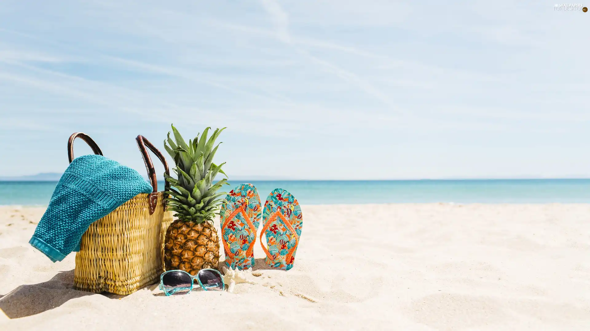 Beaches, Sand, bag, Towel, summer, holiday, Flaps, Glasses, ananas