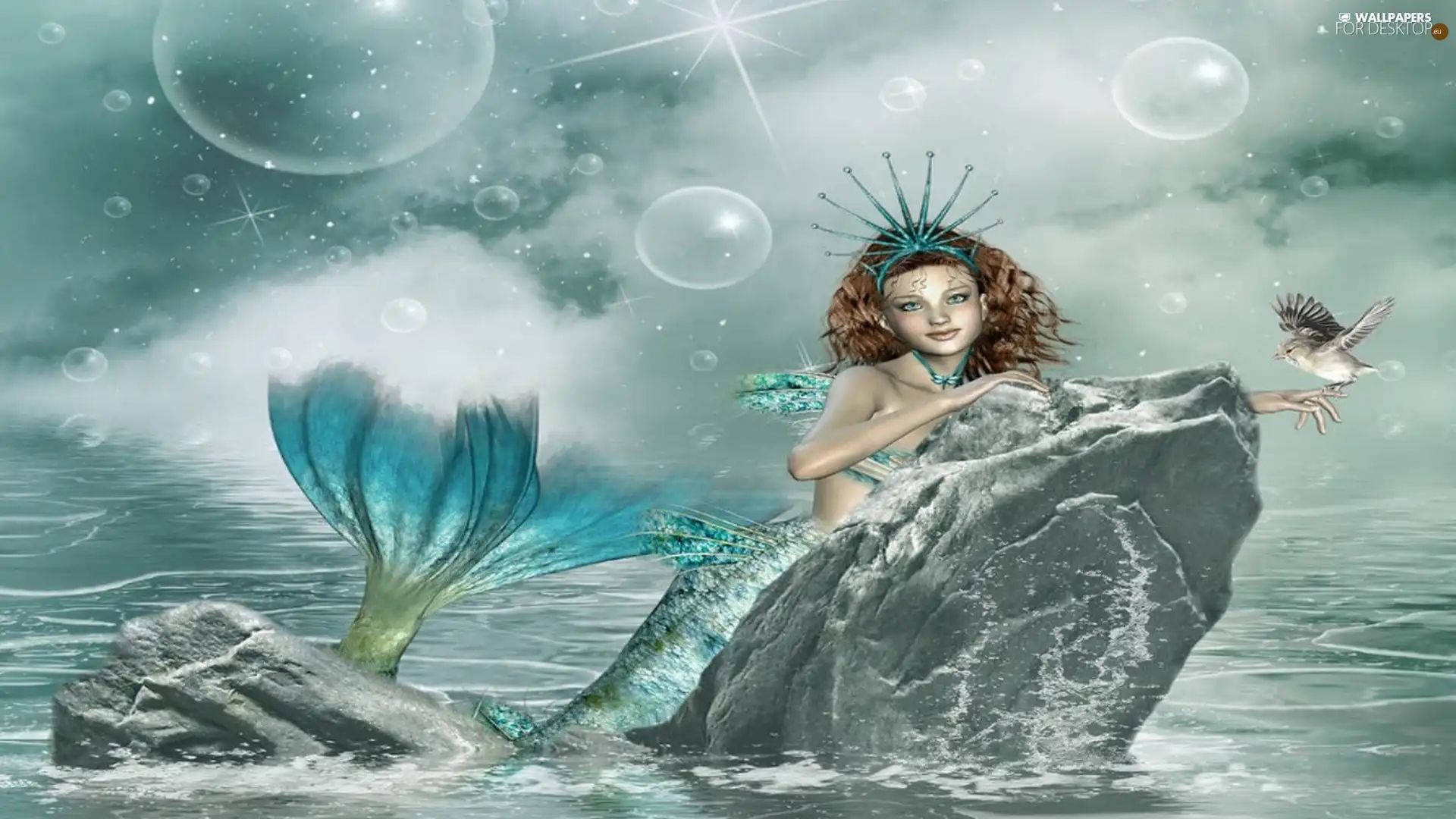 mermaid, Rocks, Bird, water
