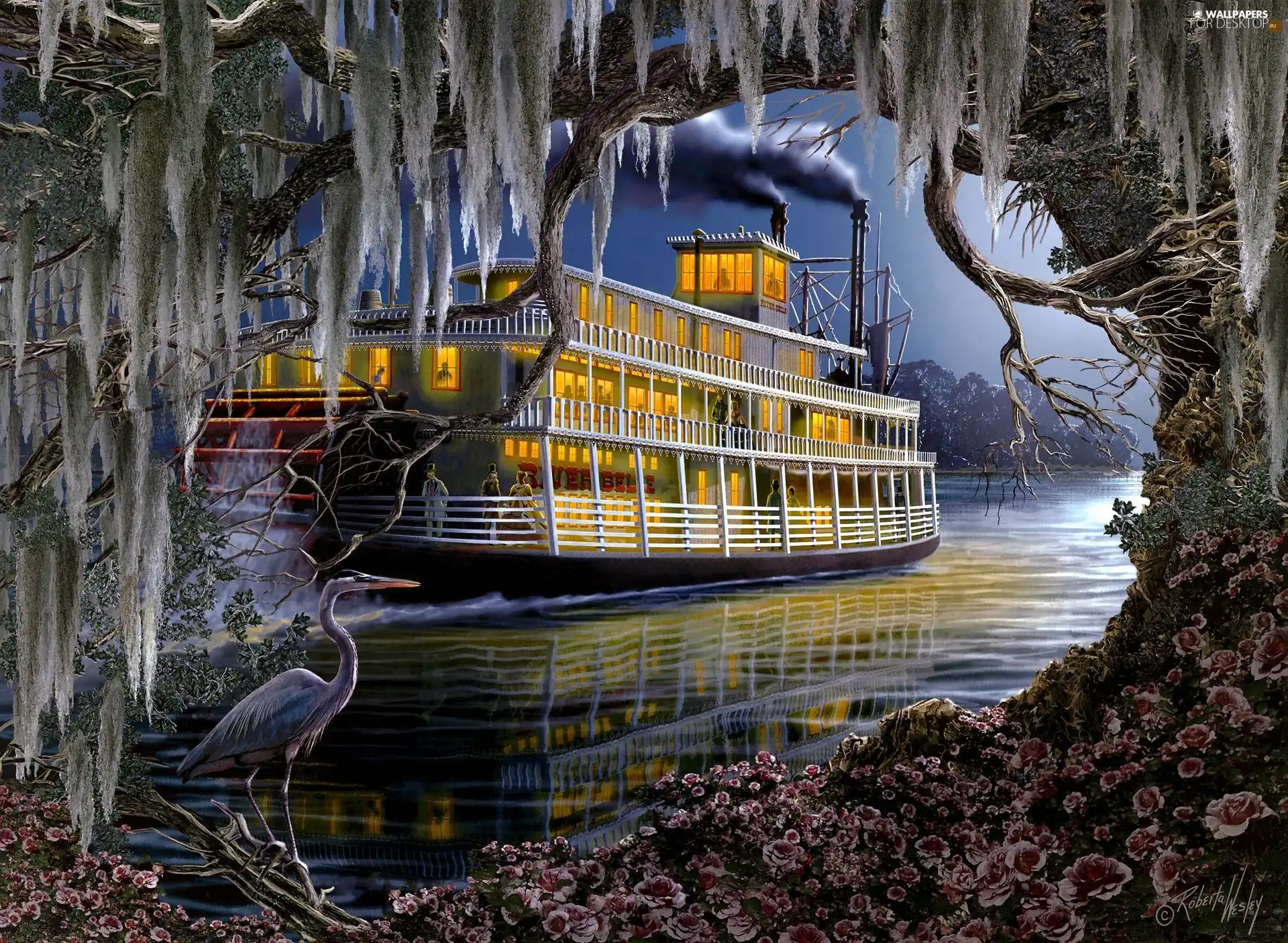 Bird, water, Ship, trees, picture