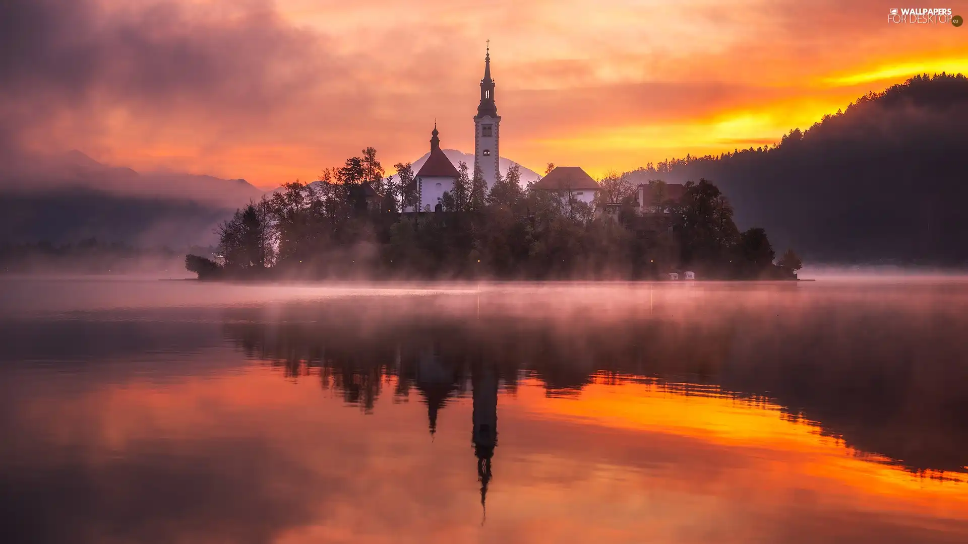 Lake Bled, Slovenia, Blejski Otok Island, Church of the Annunciation of the Virgin Mary, reflection, Fog, Julian Alps, Great Sunsets, Mountains