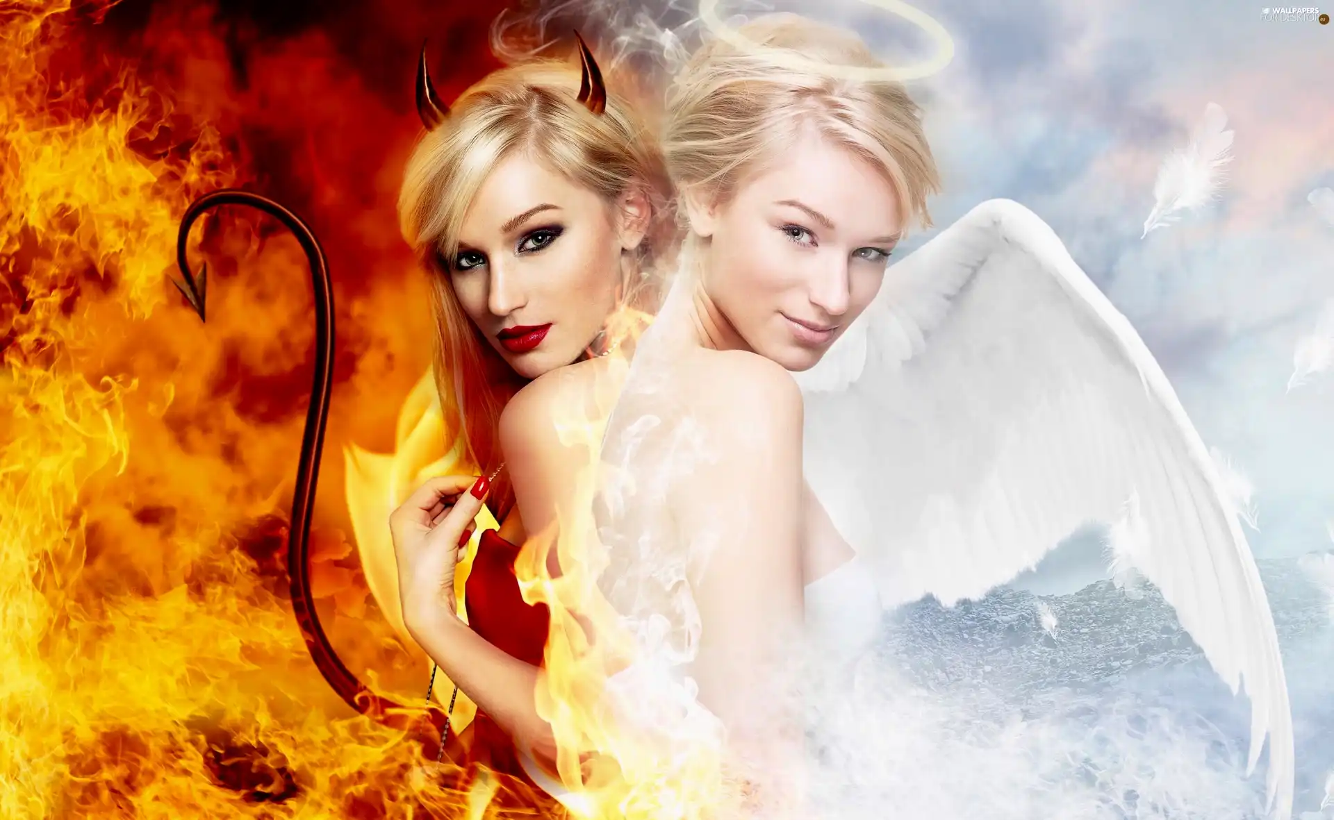 Sky, Womens, angel, wing, demon, Two, blondes, halo, Big Fire, hell