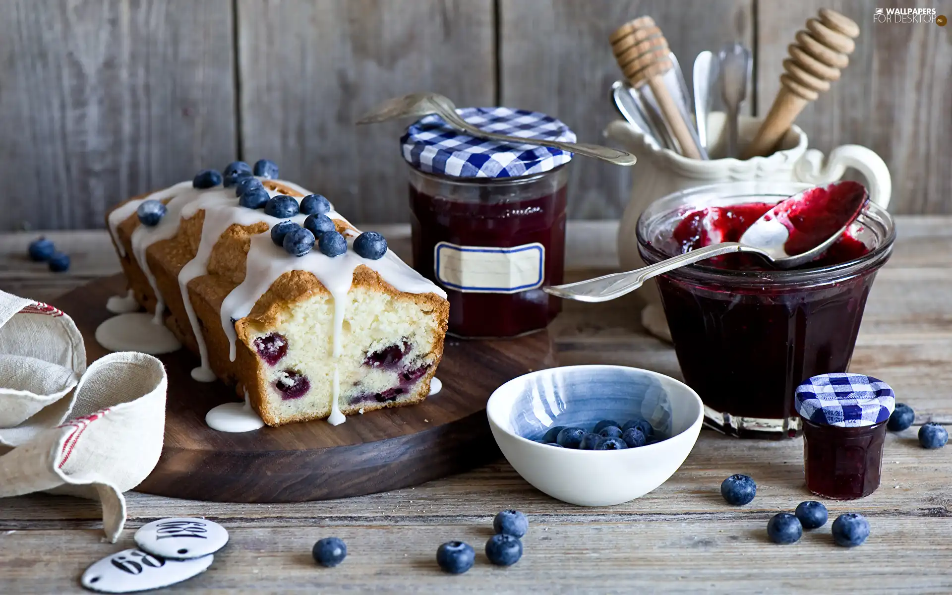 blueberries, plum, Jars, rubber, cutlery, Fruitcake, cake, board