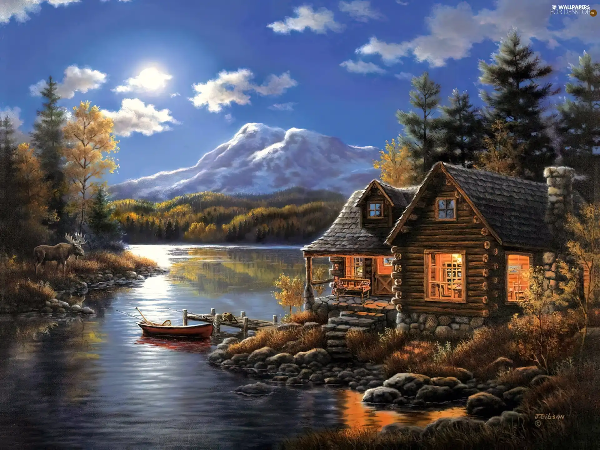 Boat, sun, Mountains, lake, Houses