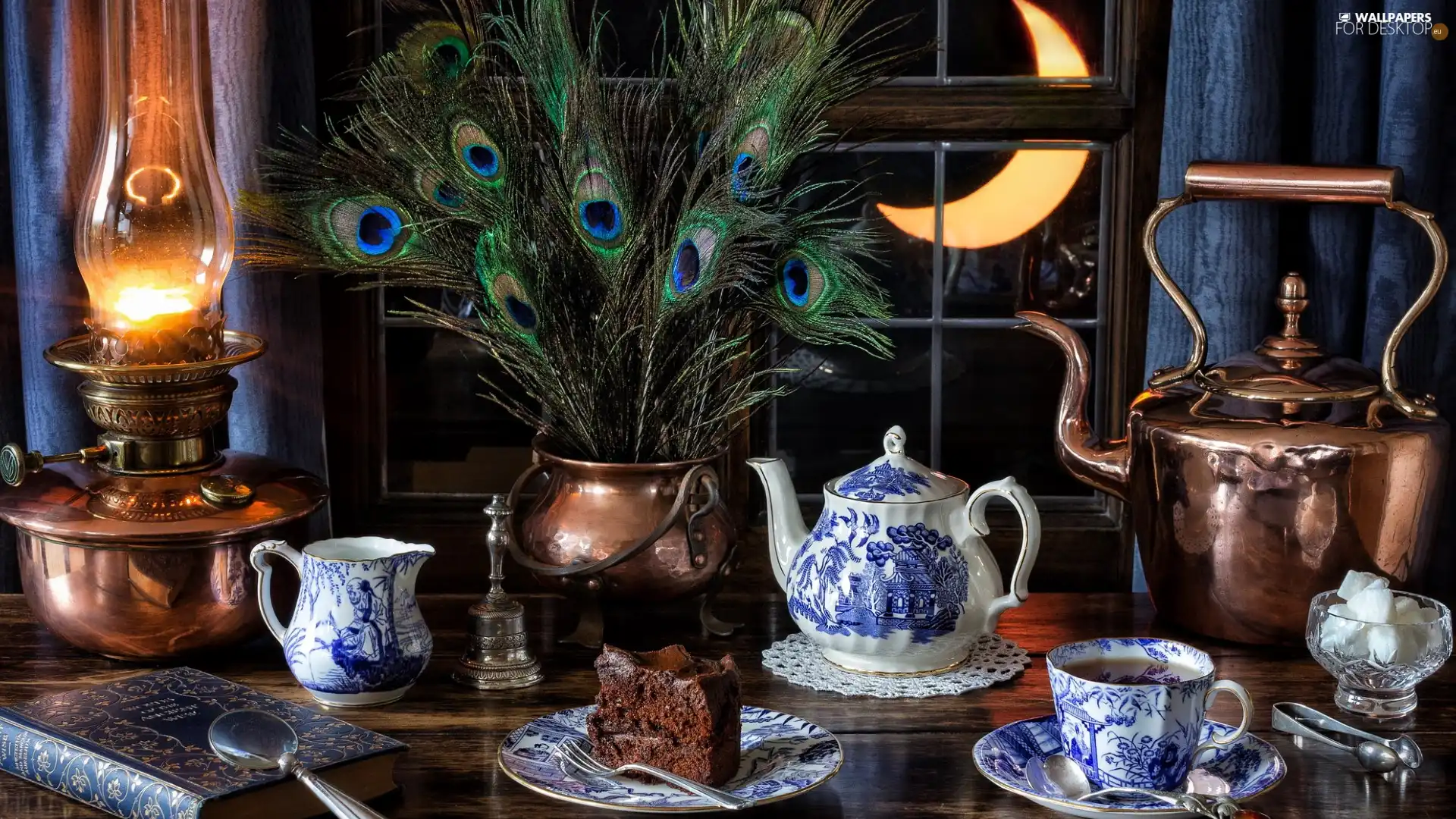 Window, kettle, kettle, composition, cup, feather, cake, Book, Oil Lamp, Creamer, service, porcelain, peacocks, moon
