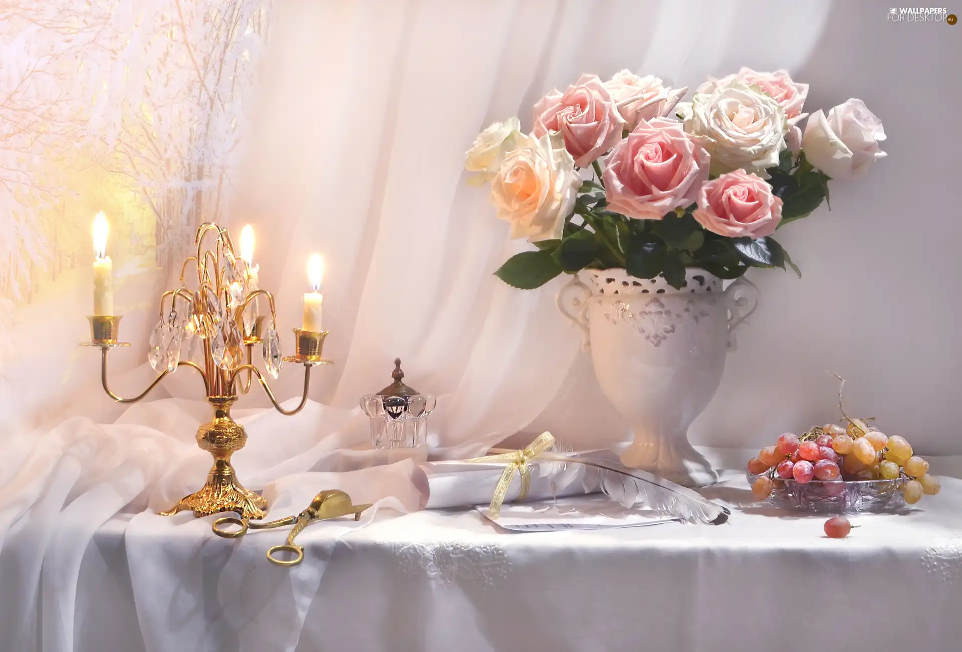 roses, Vase, Candles, bouquet, composition, candlestick, Grapes
