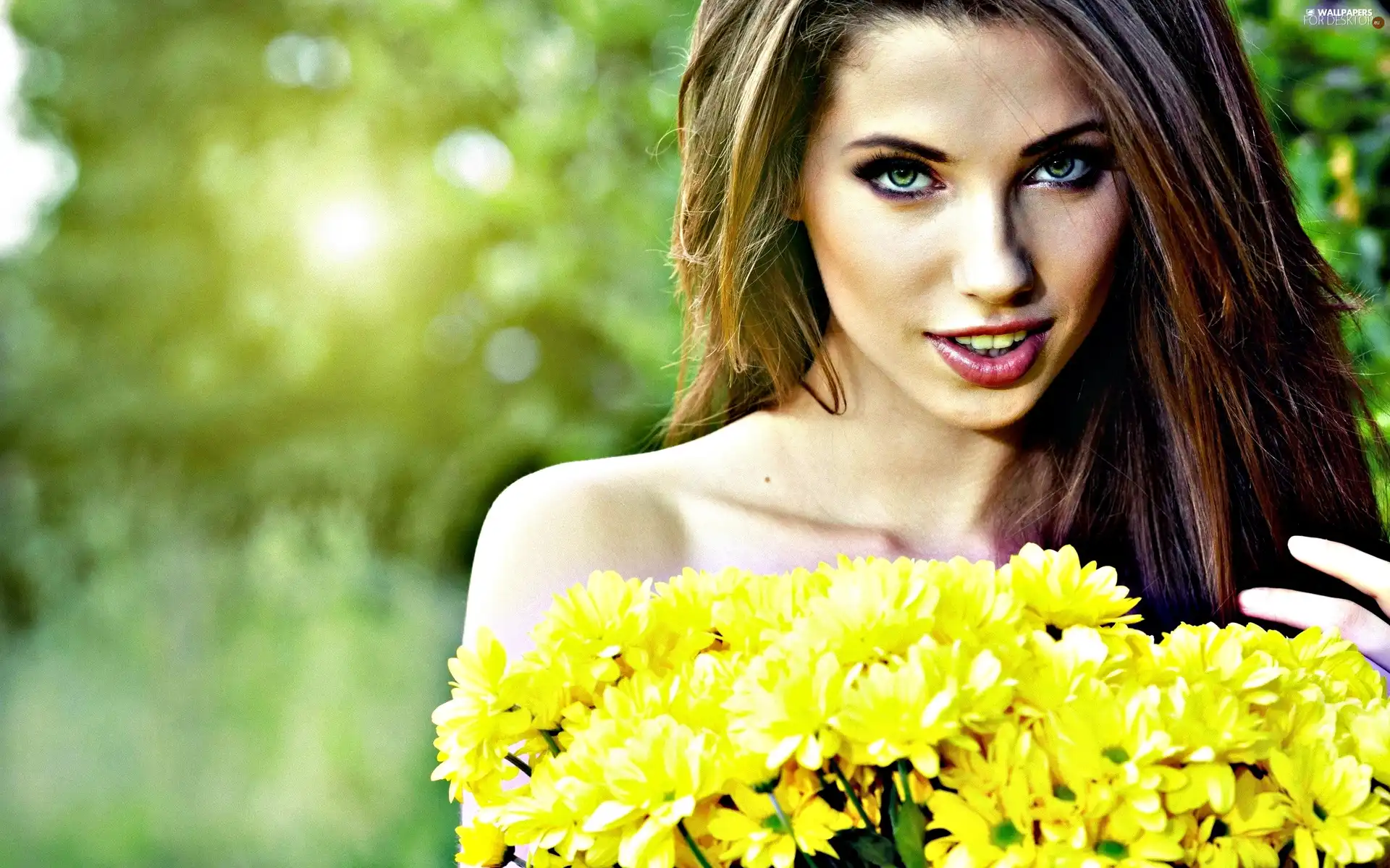 bouquet, chrysanthemums, light brown, Smile, girl