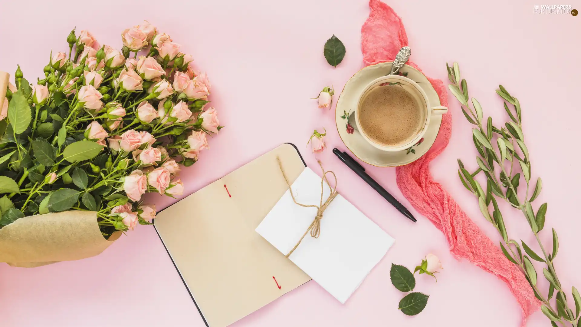 bouquet, Flowers, roses, note-book, coffee, leaves, cup, saucer, pen