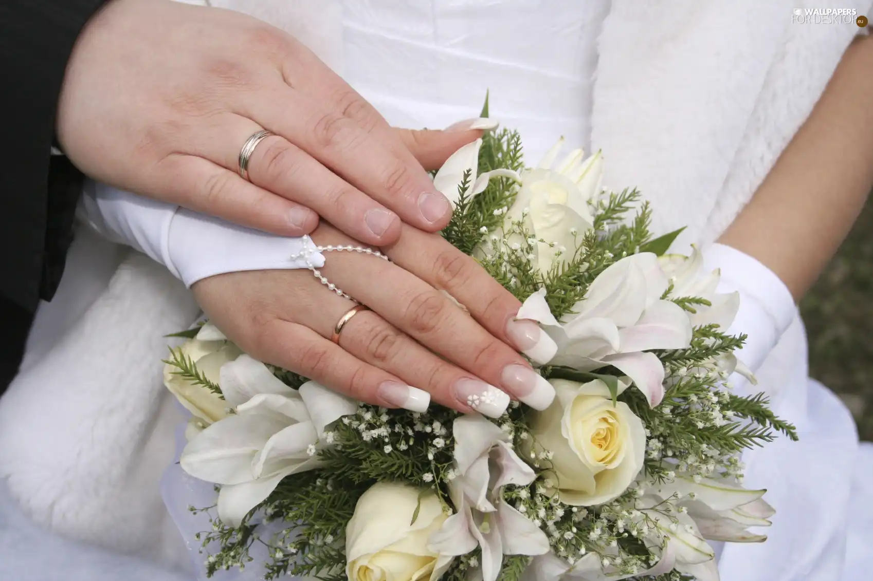 Two, rings, bouquet, hands