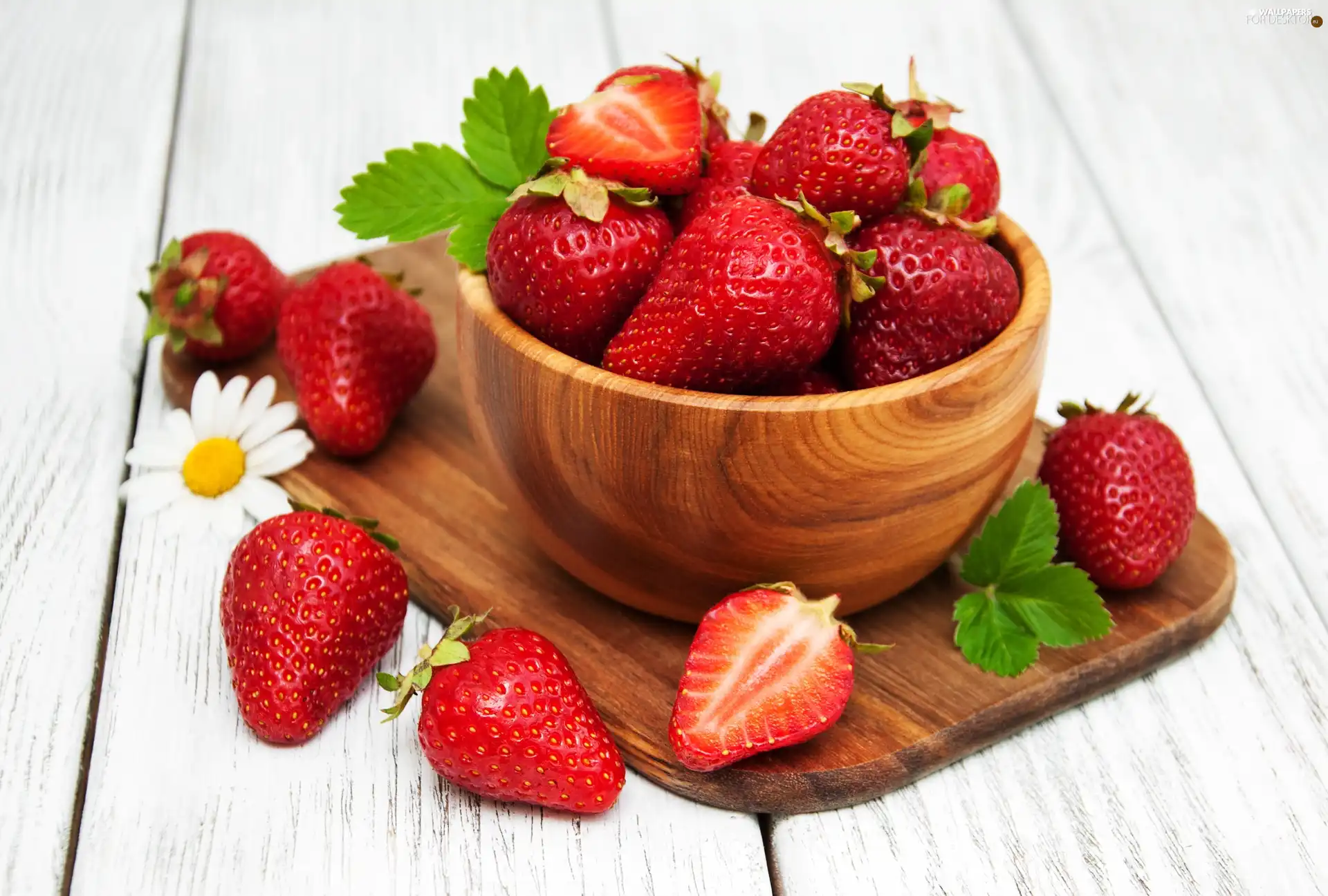 strawberries, board, Flower, bowl