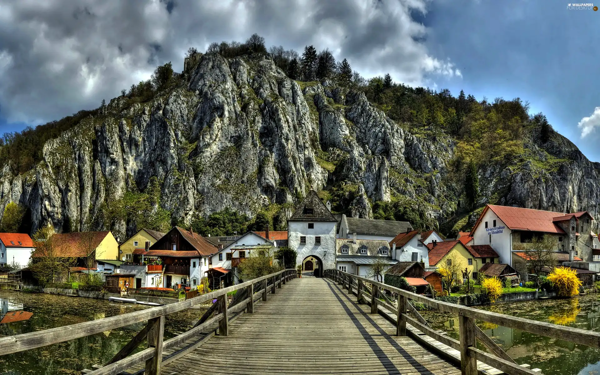 wooden, buildings, Bavaria, River, Mountains, bridge, Germany