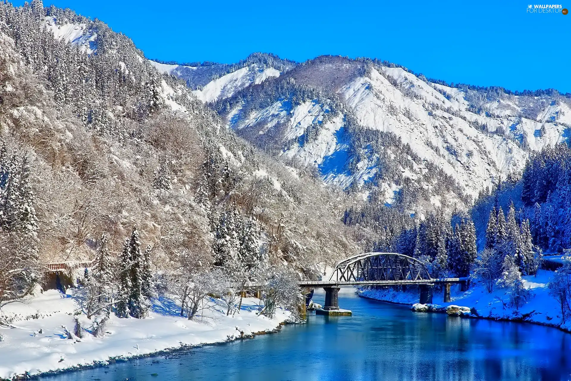 Mountains, River, bridge, winter