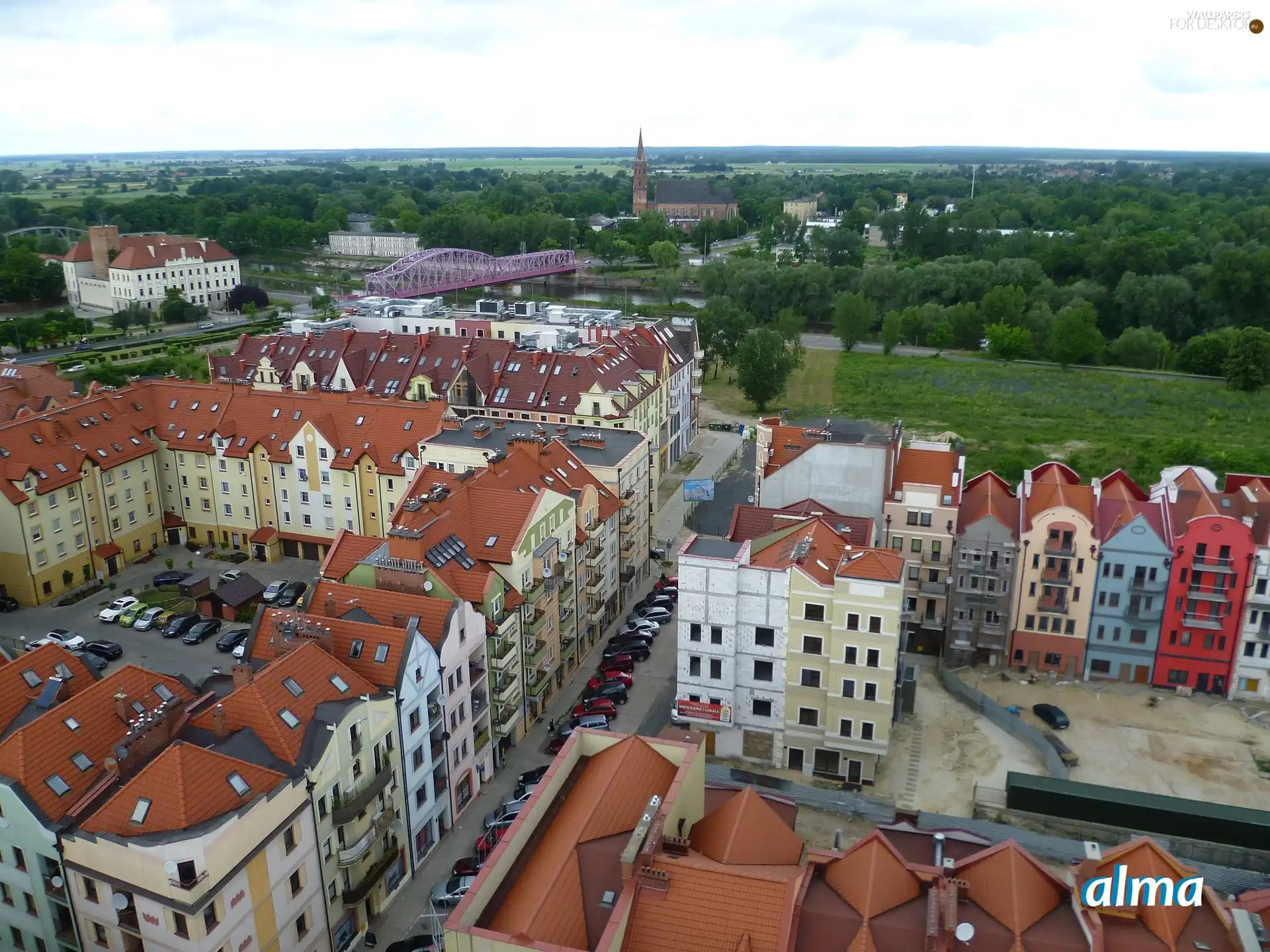 panorama, Poland, buildings, bridge, town, Glogow