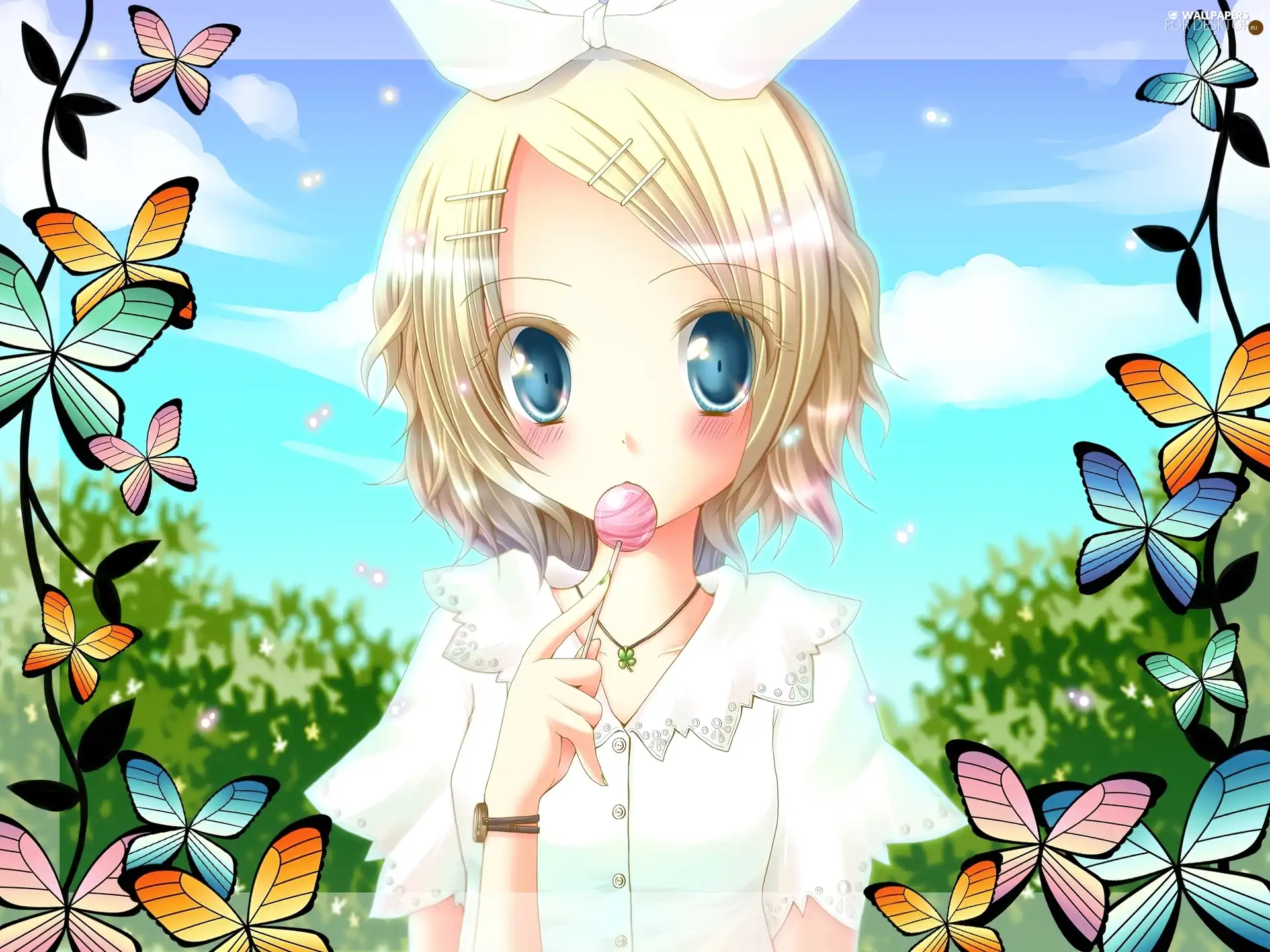 Vocaloid, Lollipop, butterflies, Rin Kagamine