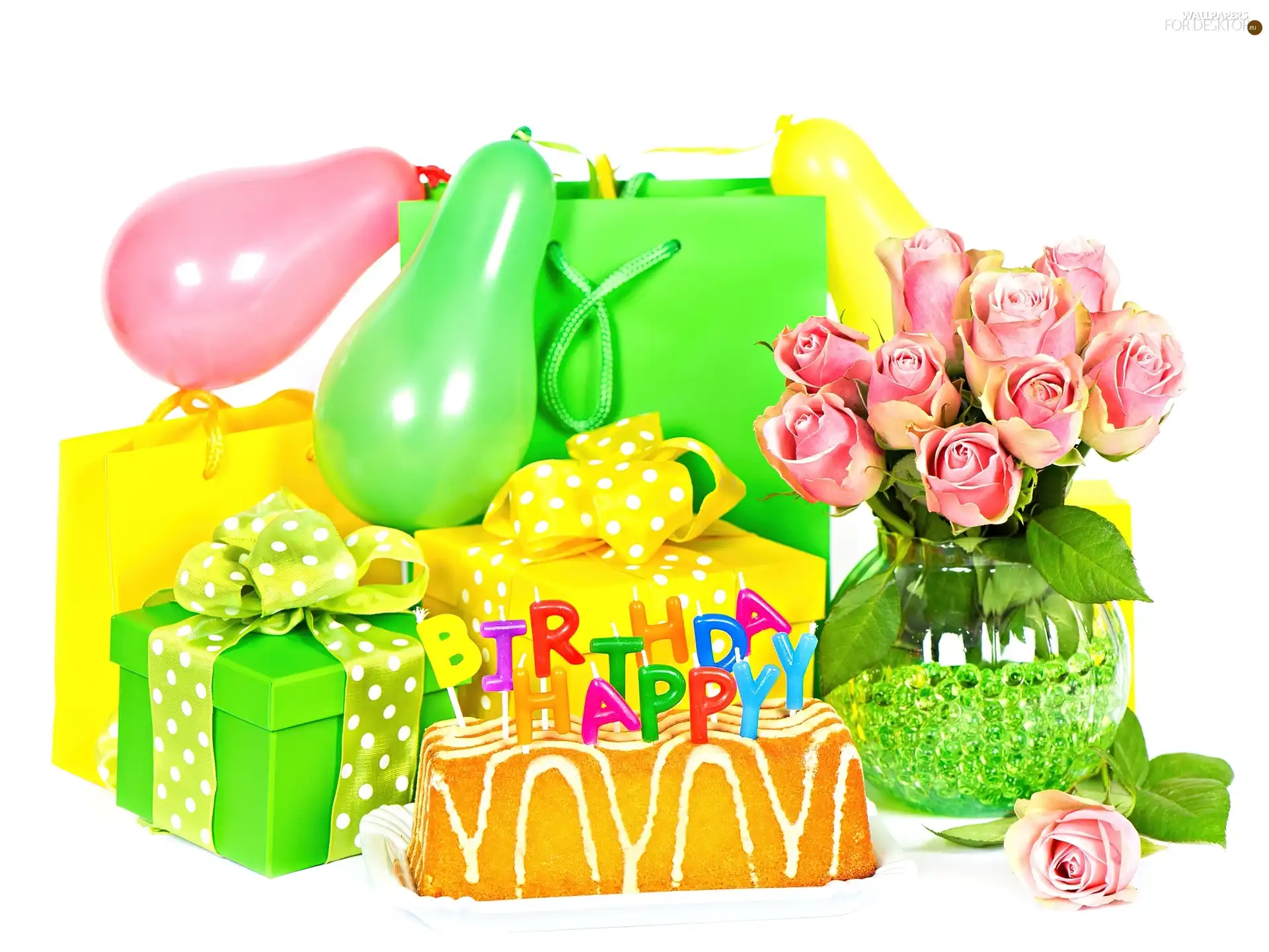 balloons, gifts, cake, Flowers