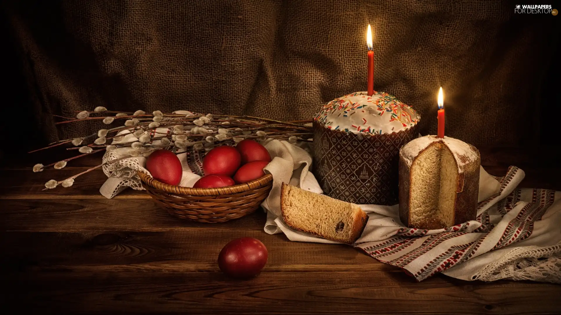 database, basket, napkin, eggs, candles, composition, Easter, cake