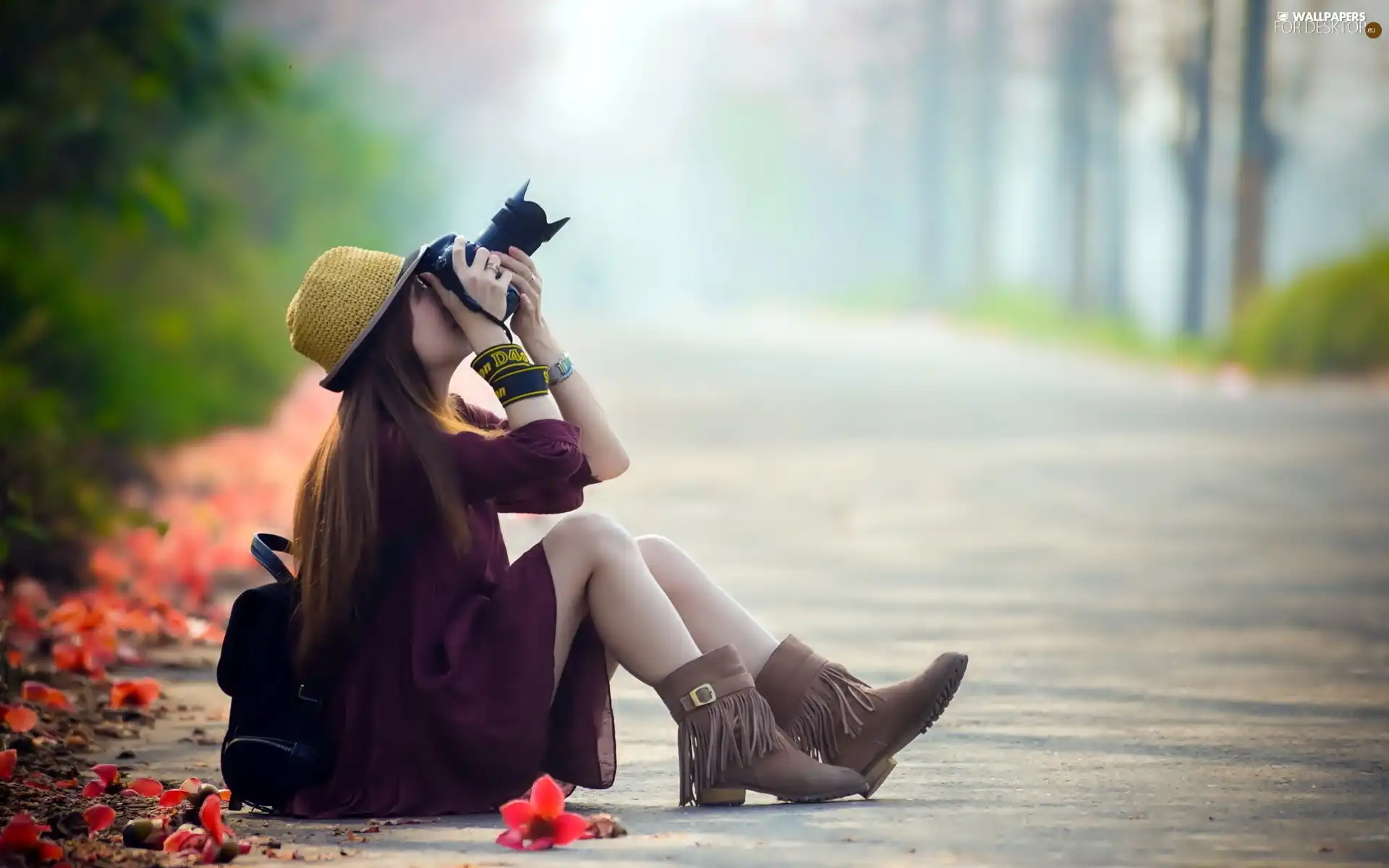 forest, girl, Camera, photographic, Flowers, Way