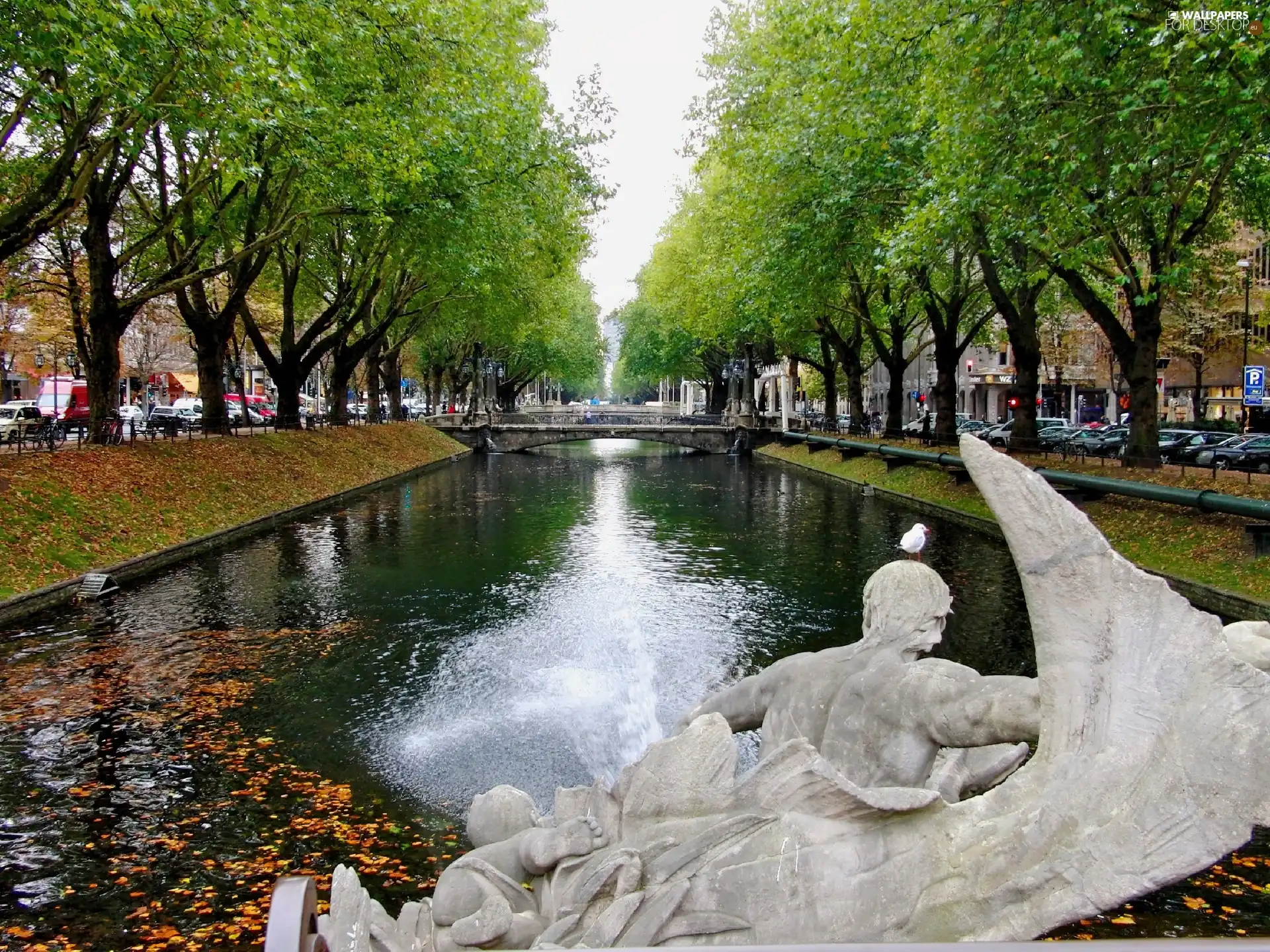 canal, Dusseldorf, trees, viewes, sculpture, Königsallee