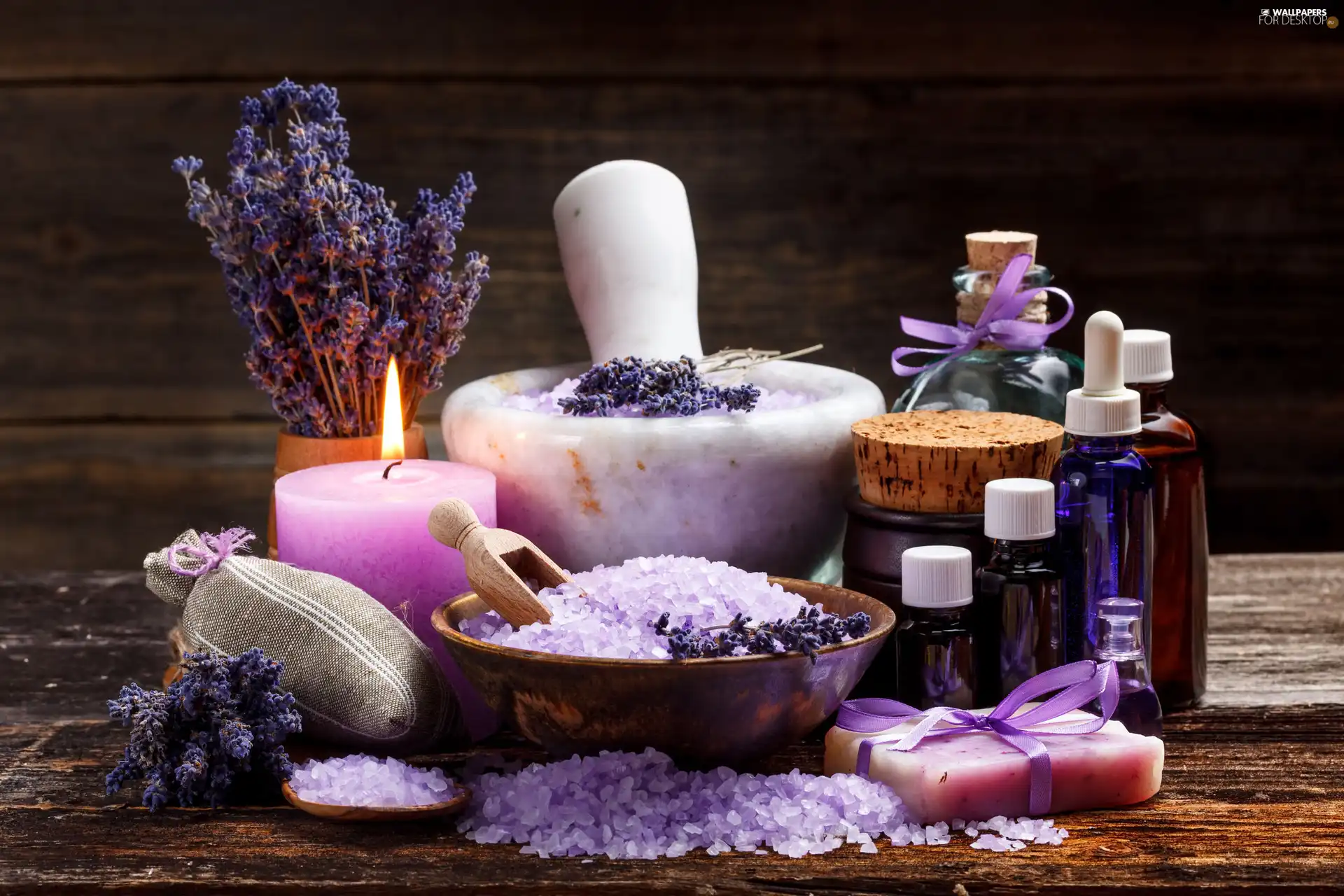 lavender, Bottles, salt, Candle, Spa, mortar, Soap