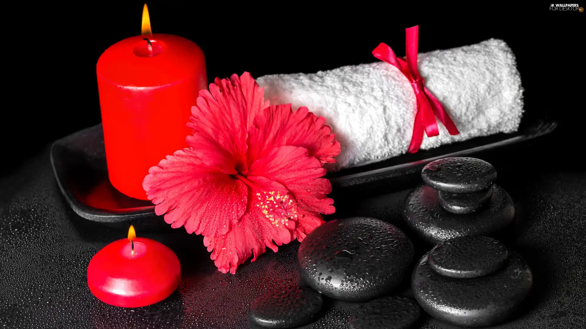 Candles, Stones, tray, Towel, hibiskus, Red, Spa, Colourfull Flowers