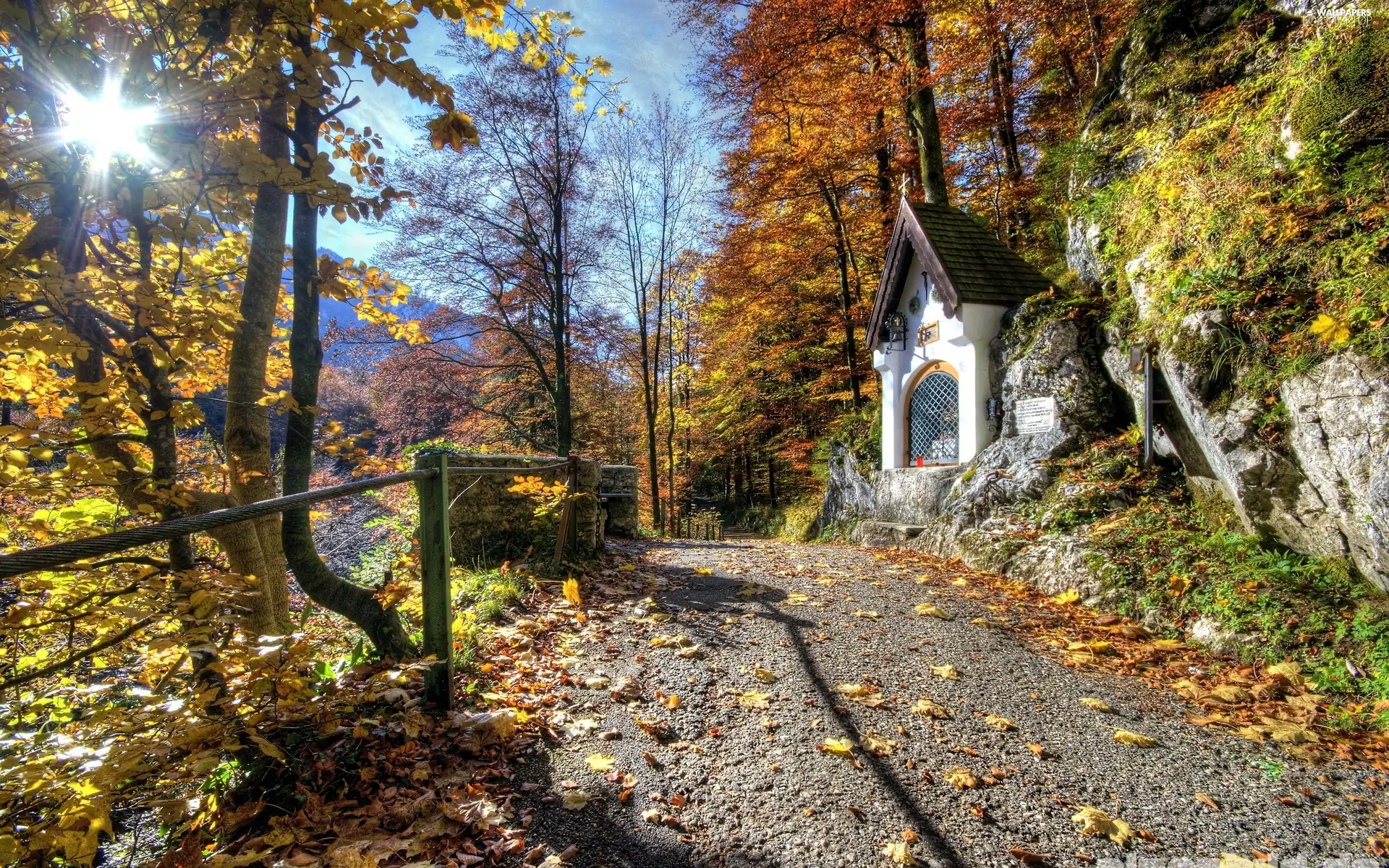 chapel, Leaf, viewes, rocks, trees