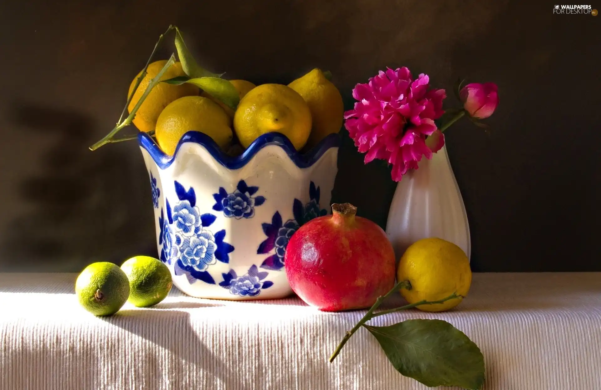 Colourfull Flowers, navy blue, china, lemons