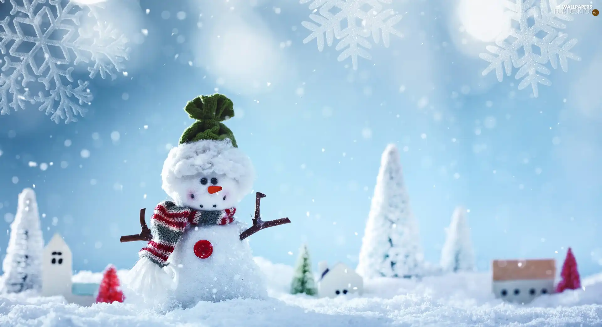 Snowman, decoration, Christmas, Houses, winter, Christmas