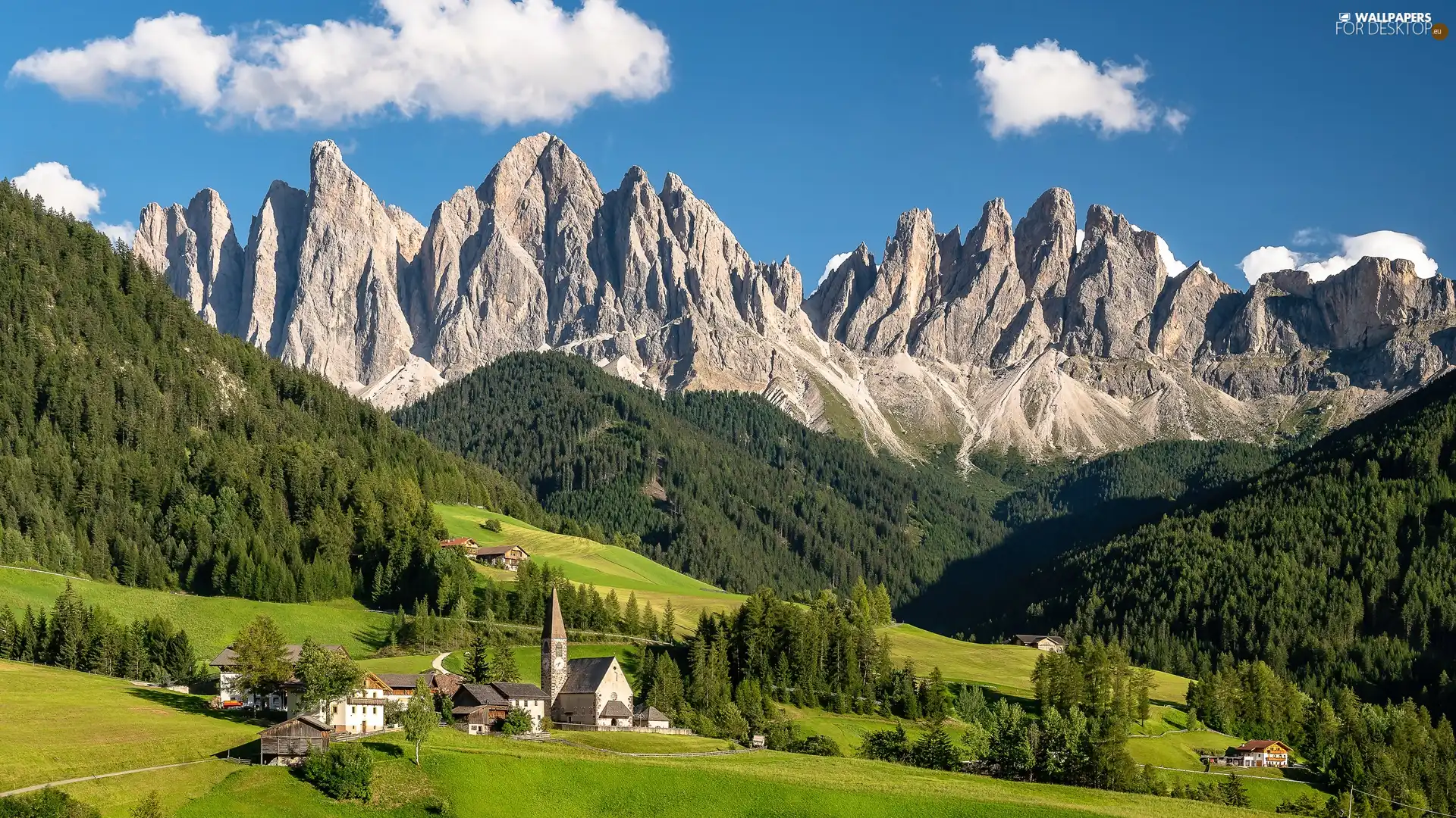 viewes, trees, Houses, Mountains, Santa Maddalena, Church, woods, Italy, clouds, Dolomites, country, Val di Funes Valley