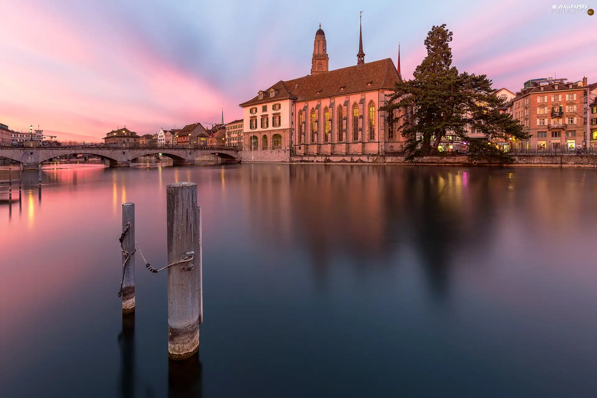 Zurich, Switzerland, Grossmunster Church, bridge, River Limmat