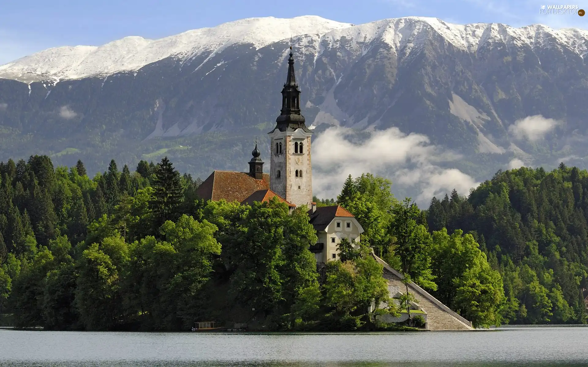 Mountains, woods, church, River