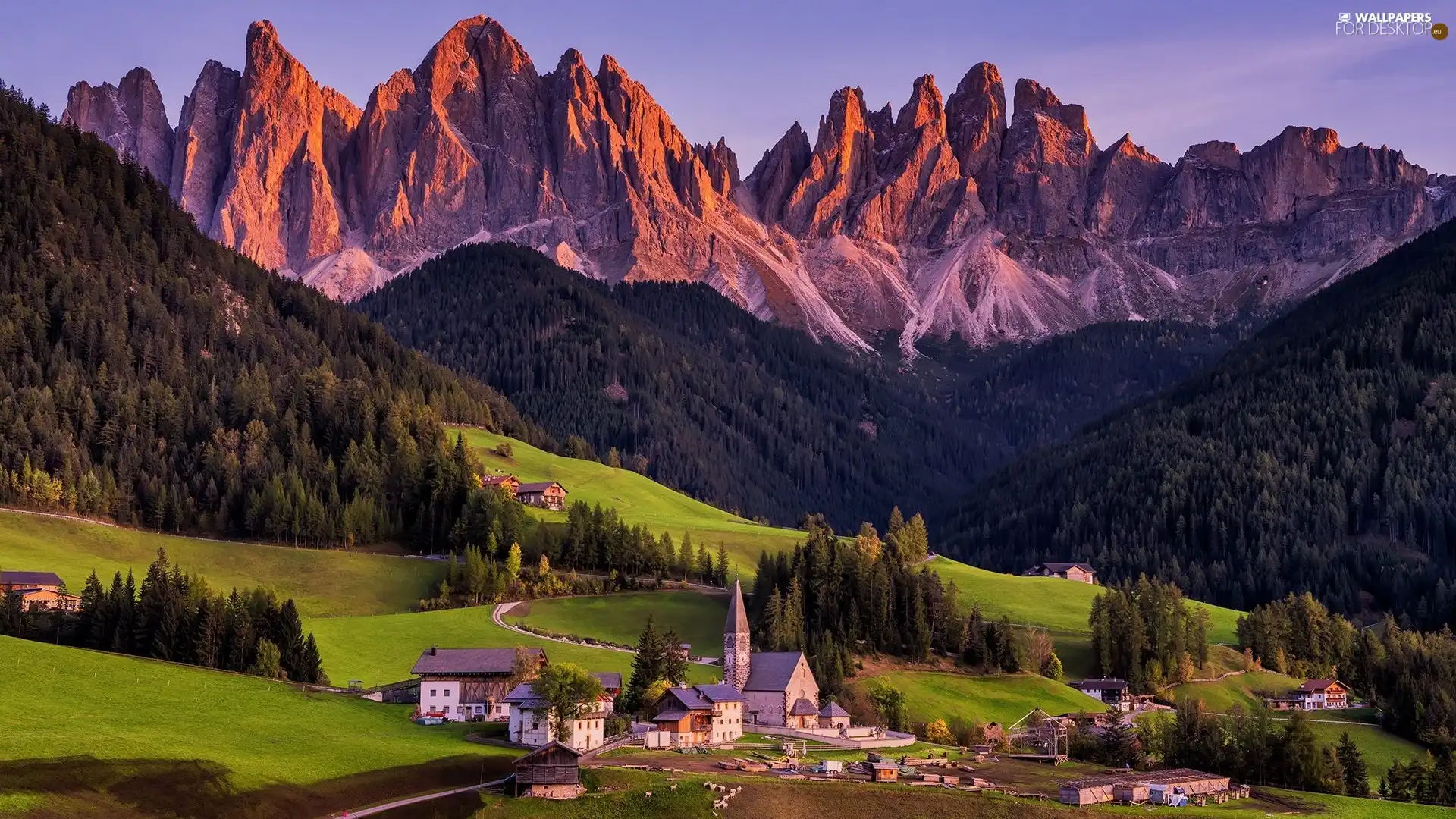 Village of Santa Maddalena, Italy, Church, Houses, Massif Odle, viewes, trees, Val di Funes Valley, Dolomites, forest, Mountains