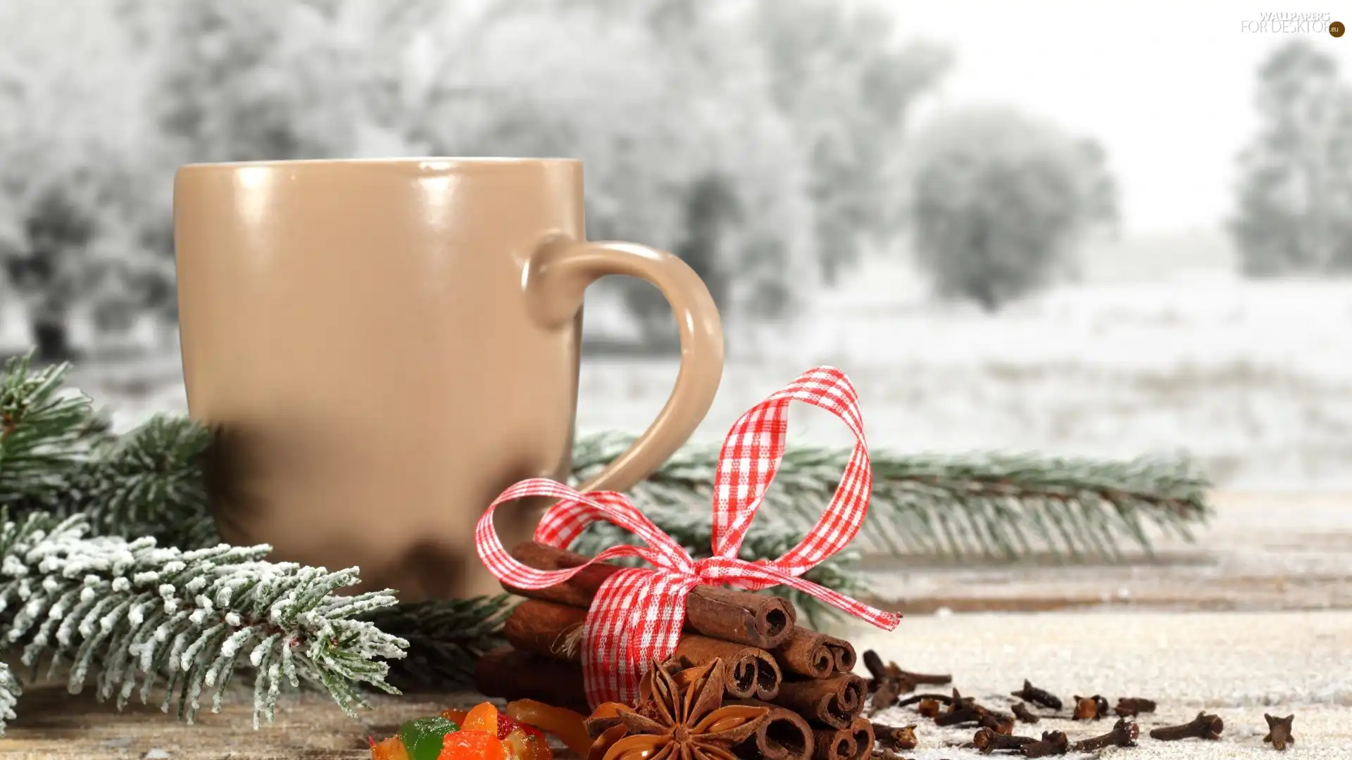 Cup, twig, cinnamon, snow, ribbon, Swierk