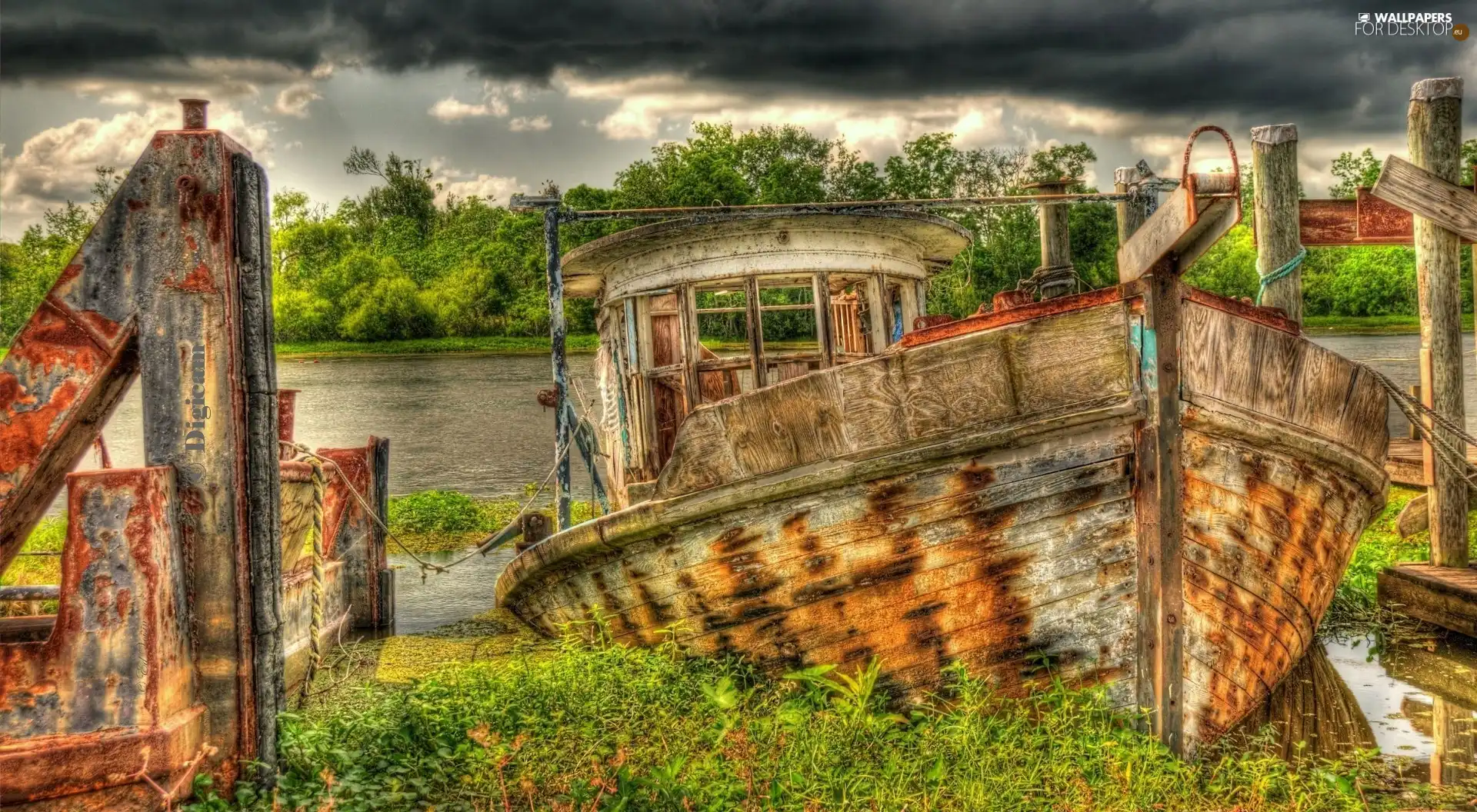 Old, River, clouds, Boat