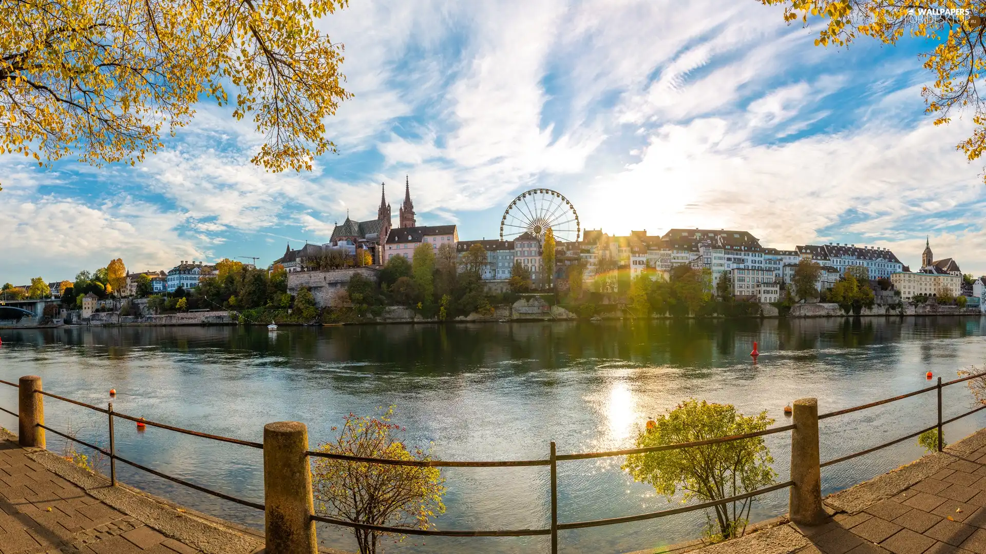 trees, Town, Rhine River, Sunrise, crash barrier, Switzerland, Basel, clouds, viewes, Houses
