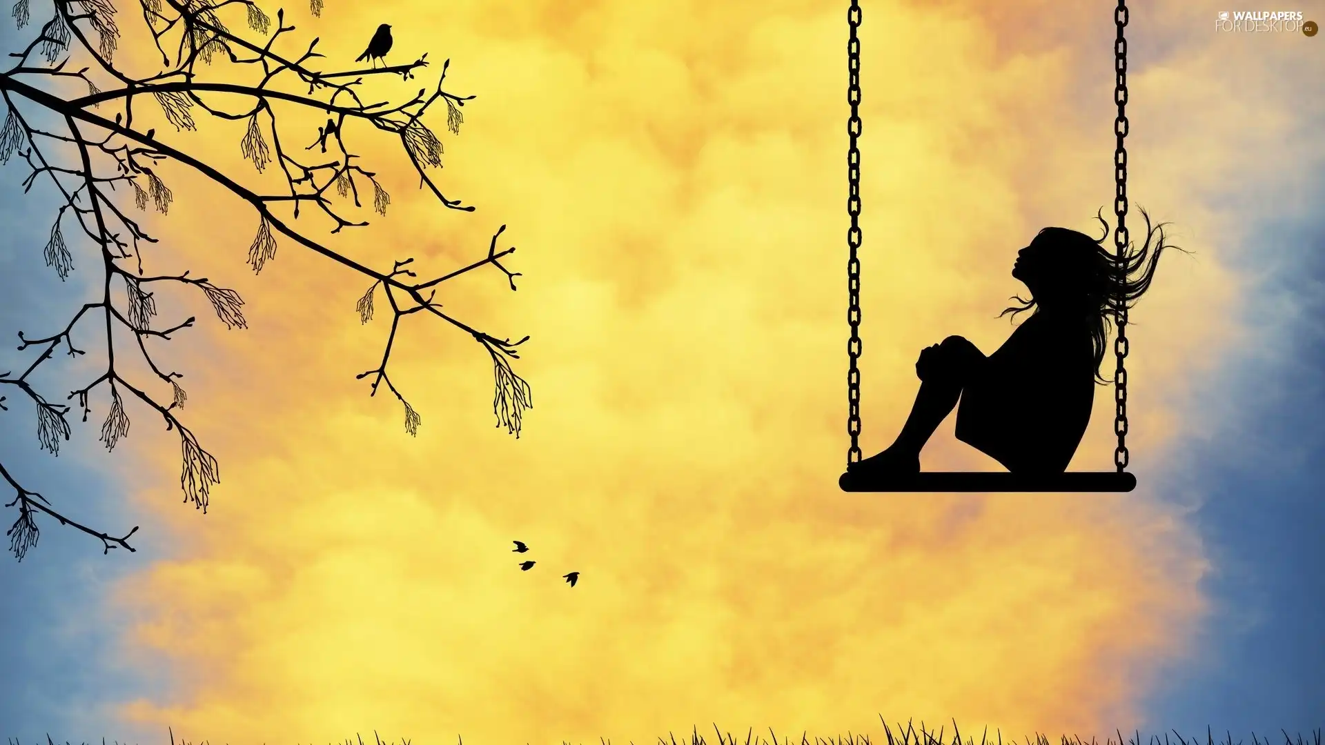 clouds, trees, Swing, girl, graphics
