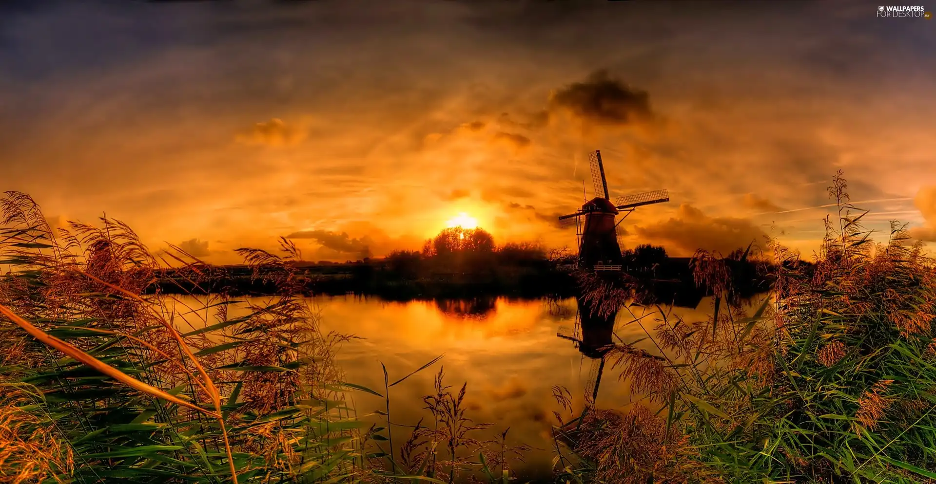 clouds, Windmill, trees, viewes, Great Sunsets, River