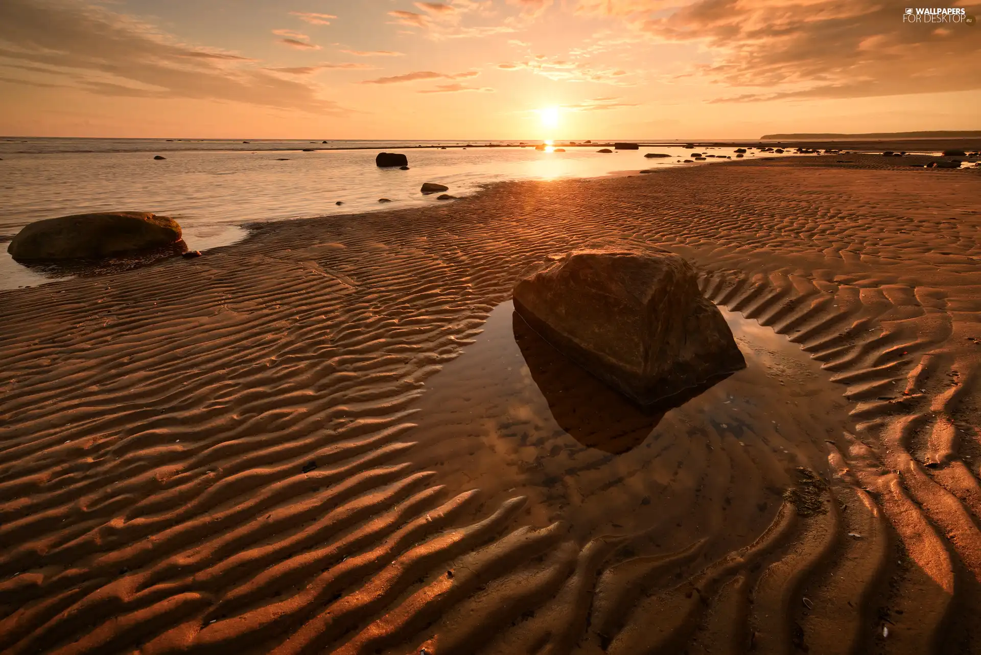 Stones, Great Sunsets, coast, Beaches, sea