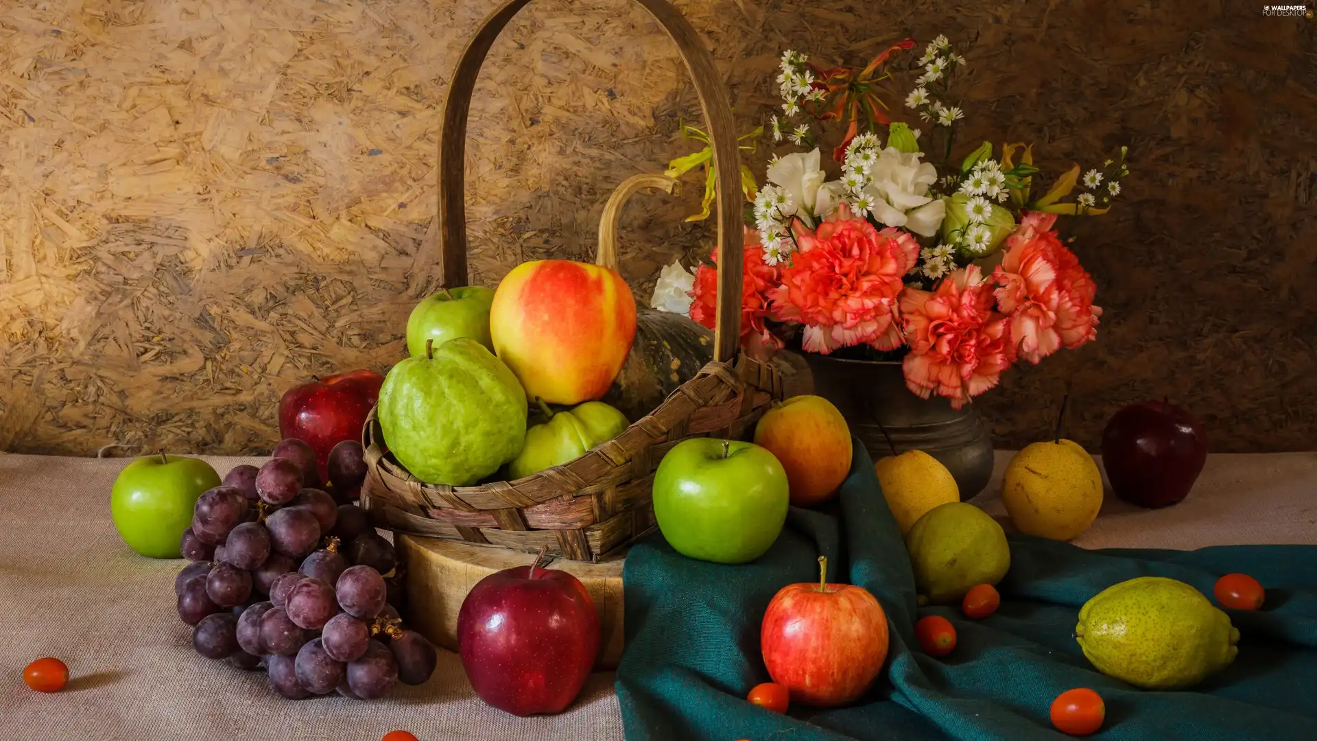 Grapes, apples, Bouquet of Flowers, truck concrete mixer, Fruits, basket, cloves