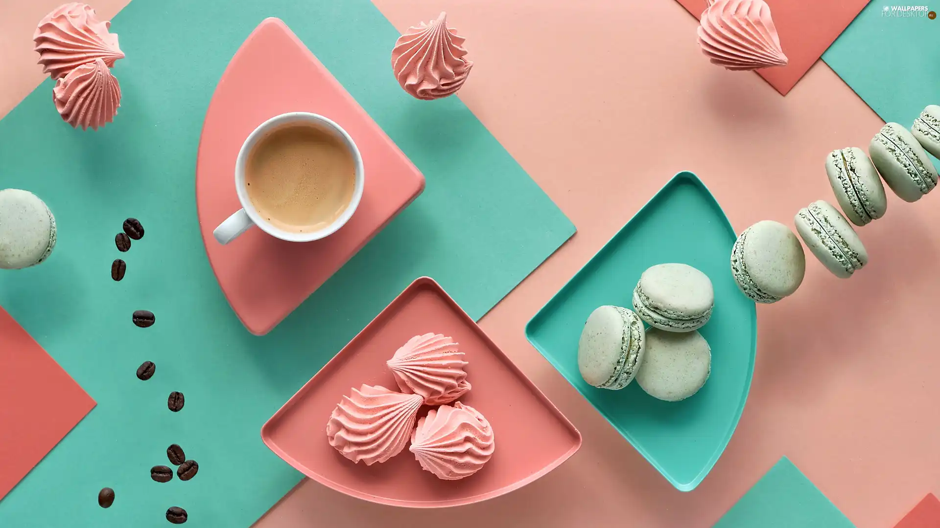 Macaroons, cup, color, Cookies, coffee, meringues, background