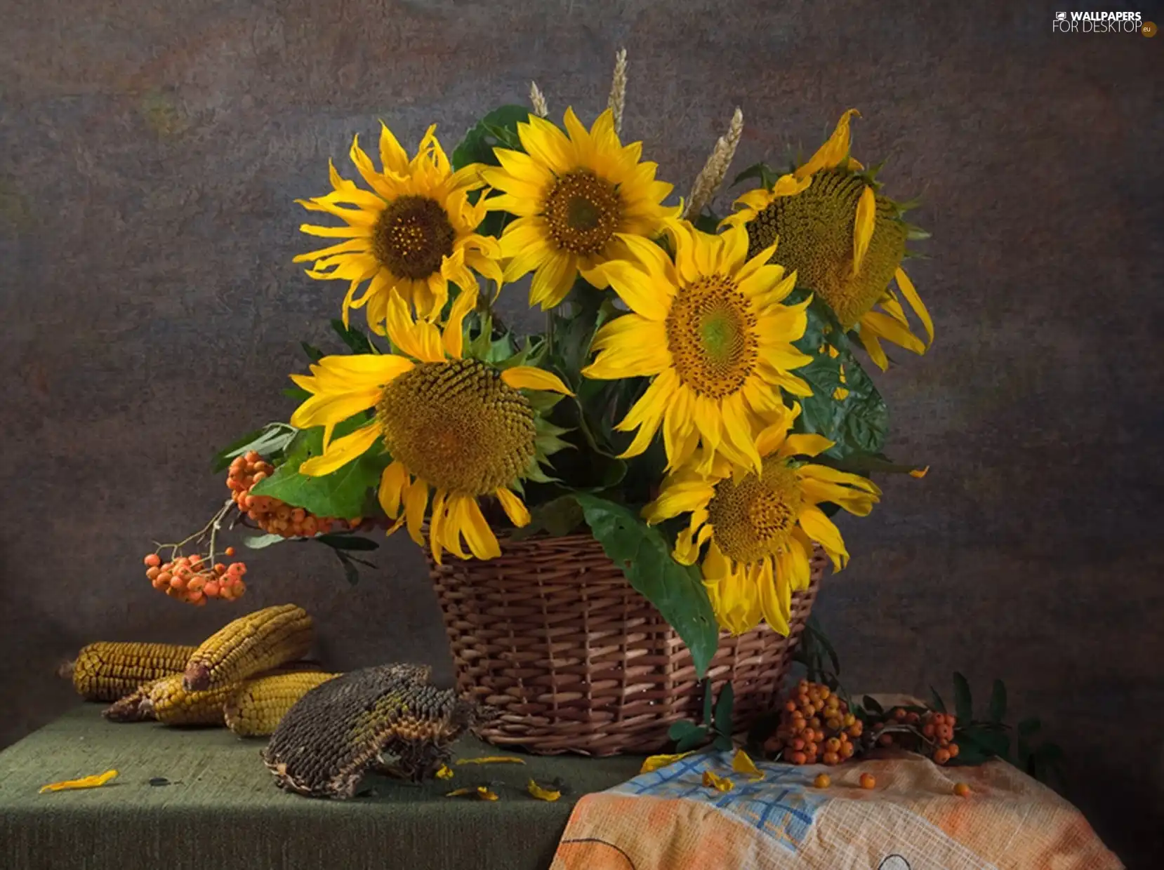 basket, Nice sunflowers, corn, wicker