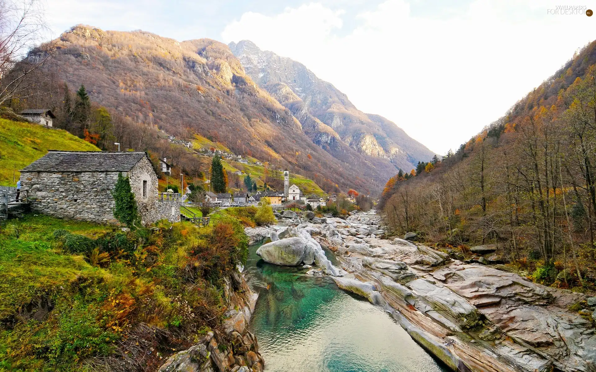 Mountains, Houses, country, stream