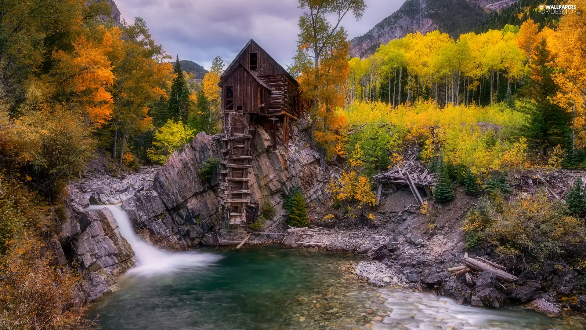Crystal Mill, Windmill, Crystal River, autumn, Colorado, The United States, trees, viewes, rocks