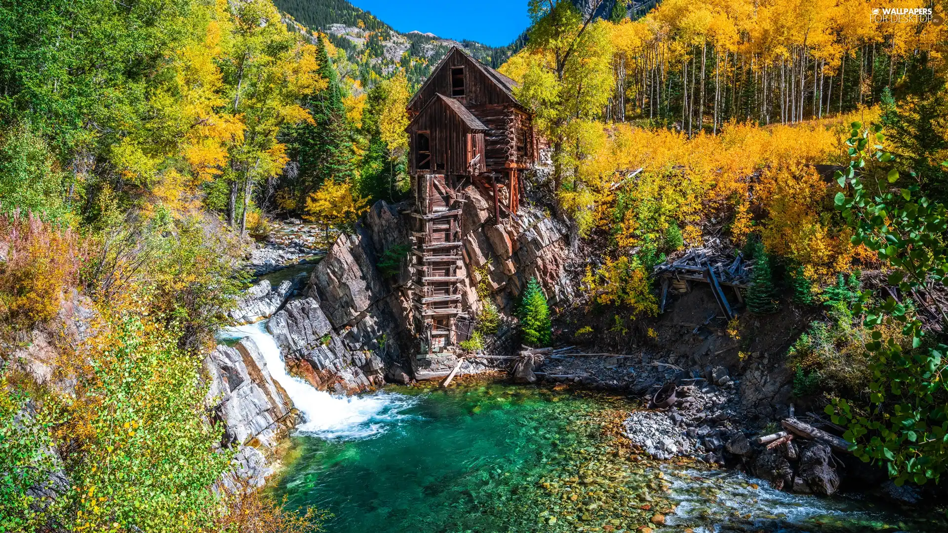 autumn, rocks, The United States, trees, Colorado, Crystal River, Crystal Mill, viewes