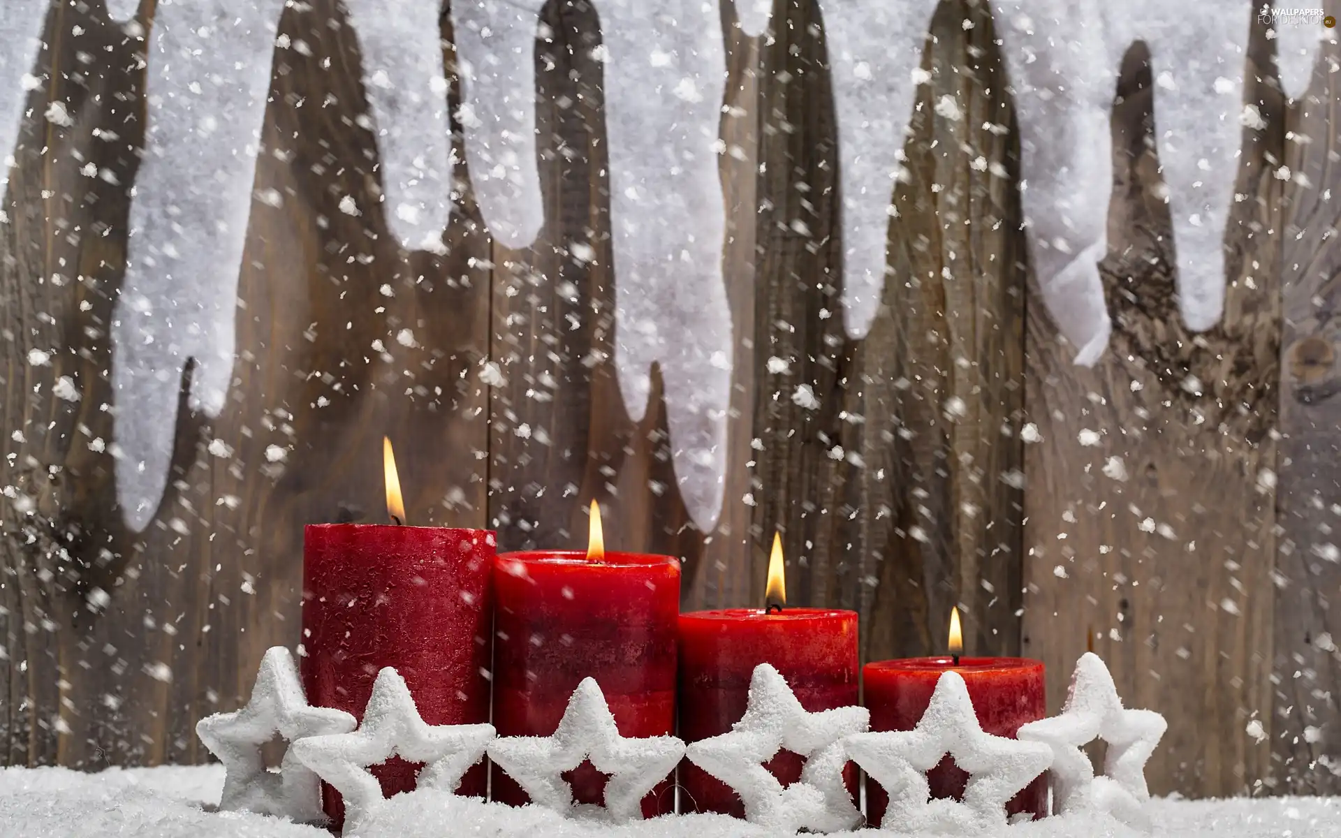 Stars, Red, decoration, Christmas, snow, Candles